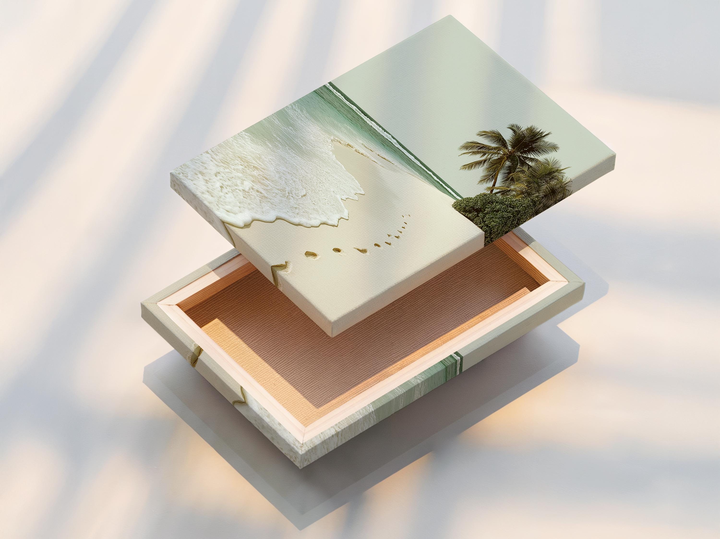Palm beach seascape with turquoise ocean, sandy shore and footprints leading along the beach detail view