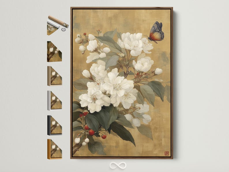 White blossom flowers with green leaves and a butterfly on a warm beige background
