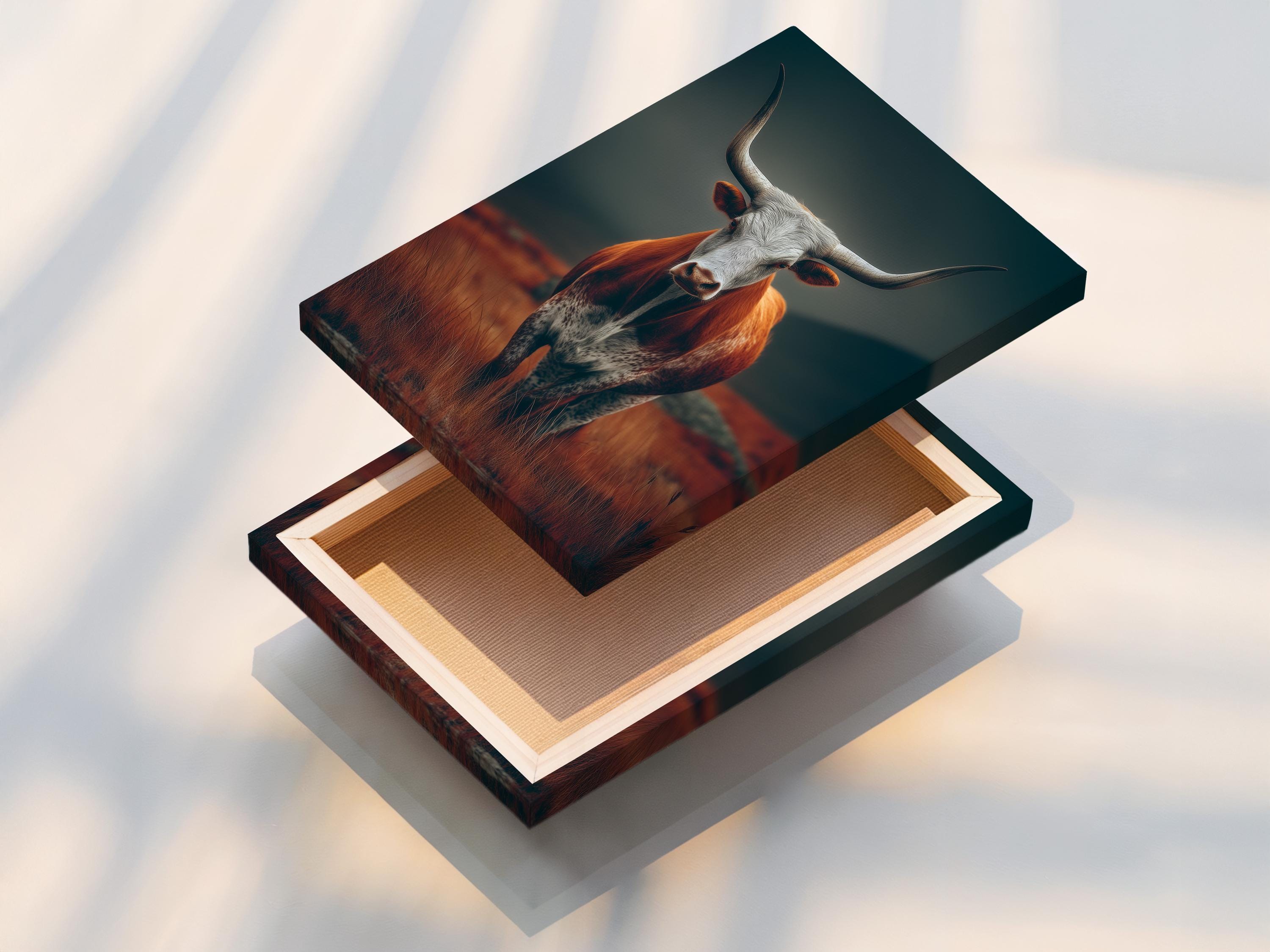 Longhorn cow artwork displayed in a framed mockup with teal and rust tones