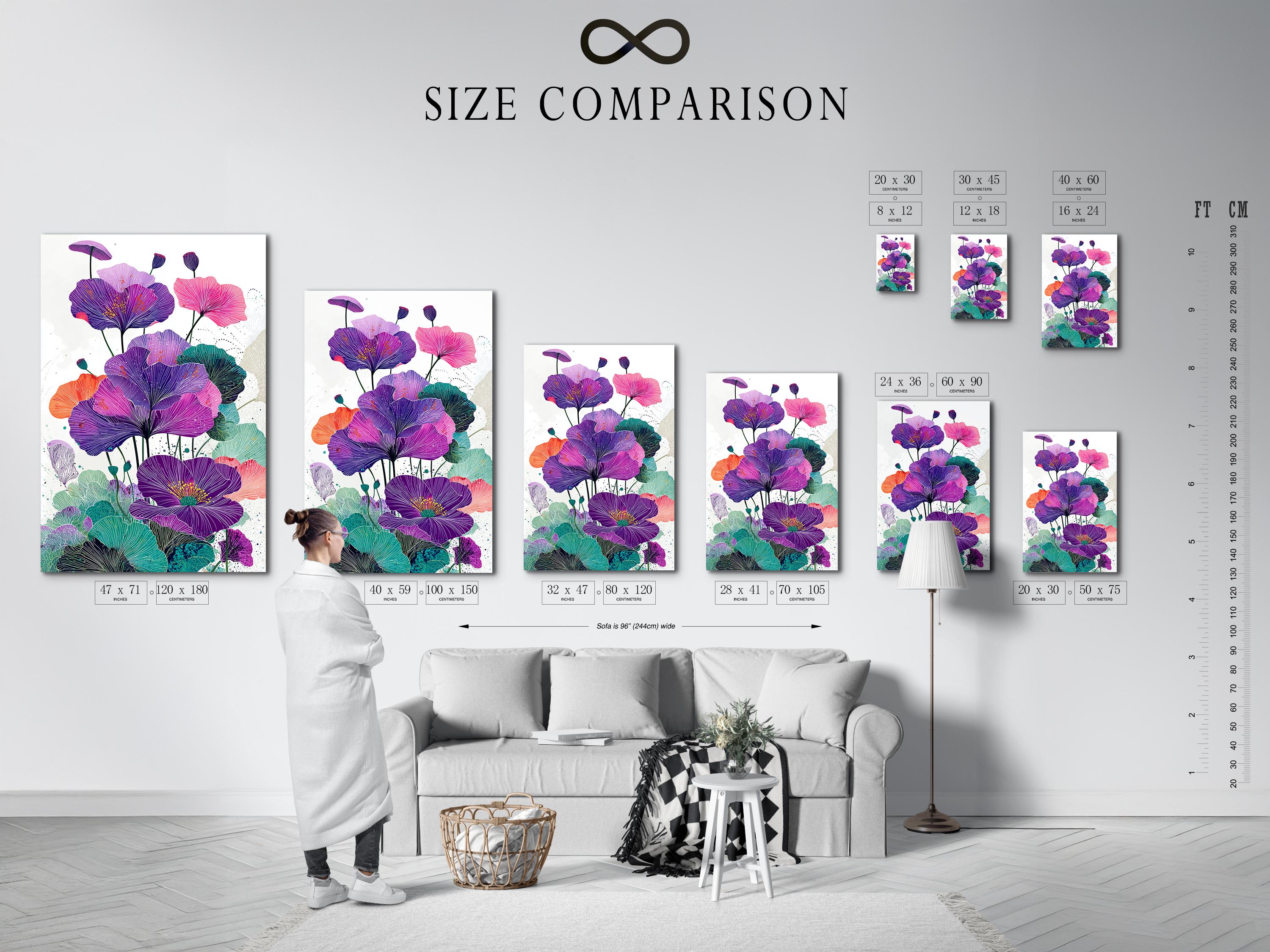 Botanical wall art showing purple flowers with teal leaves and pink accents in a framed layout