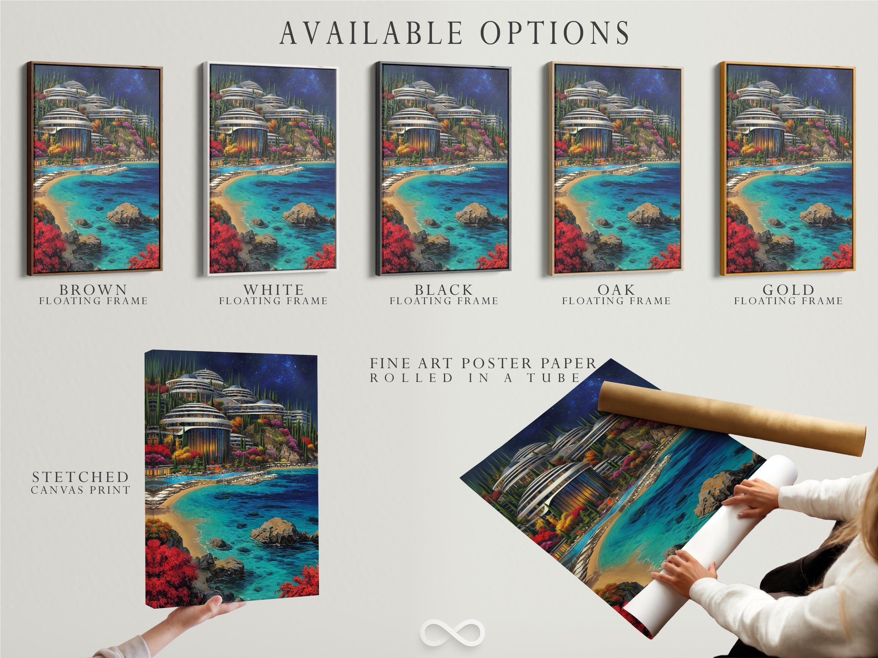Turquoise ocean coastal cityscape with glowing futuristic towers, colourful gardens and starry night sky detail view