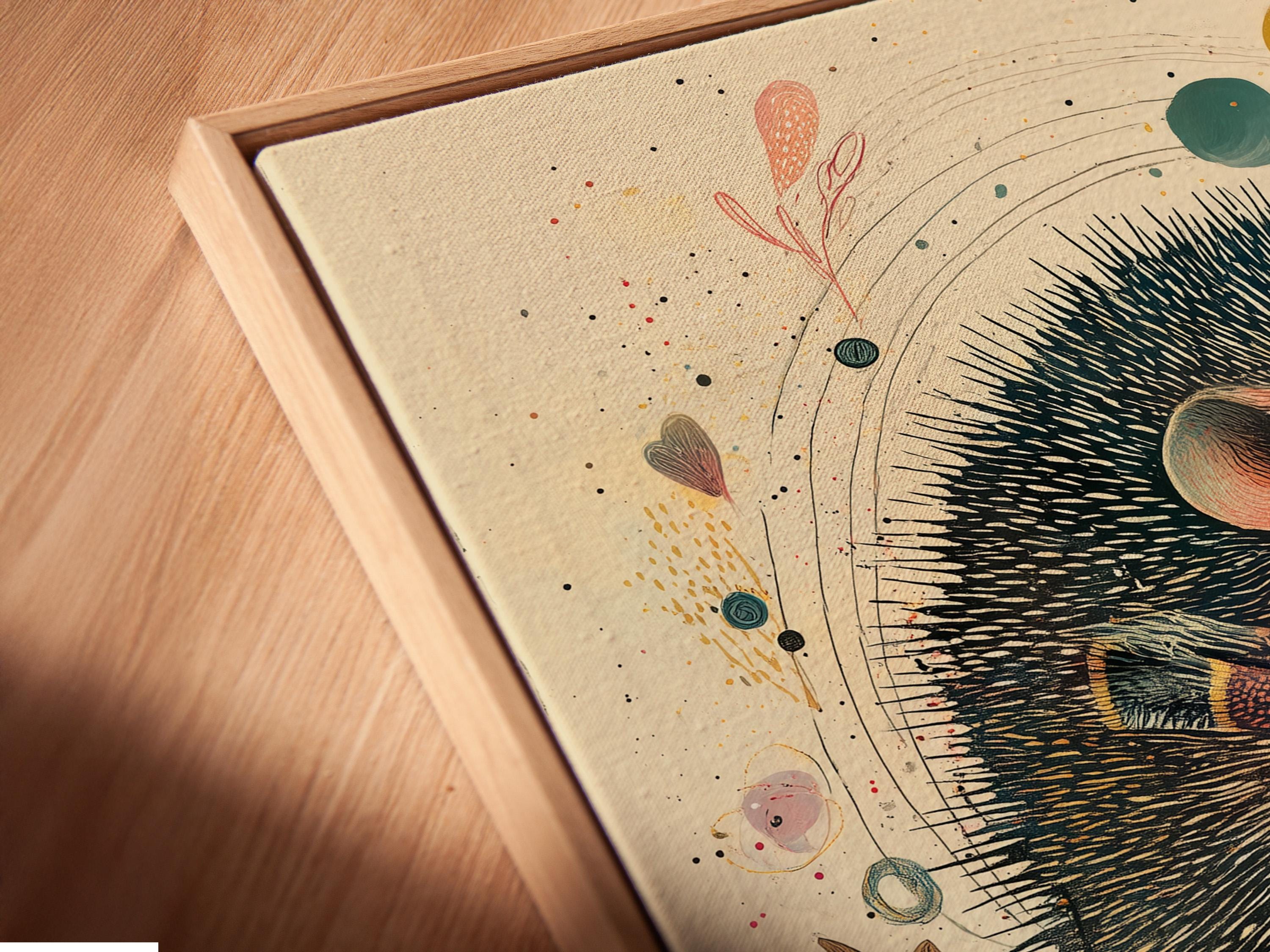 Illustrated hedgehog facing right over a vinyl record with music-themed speckles detail view