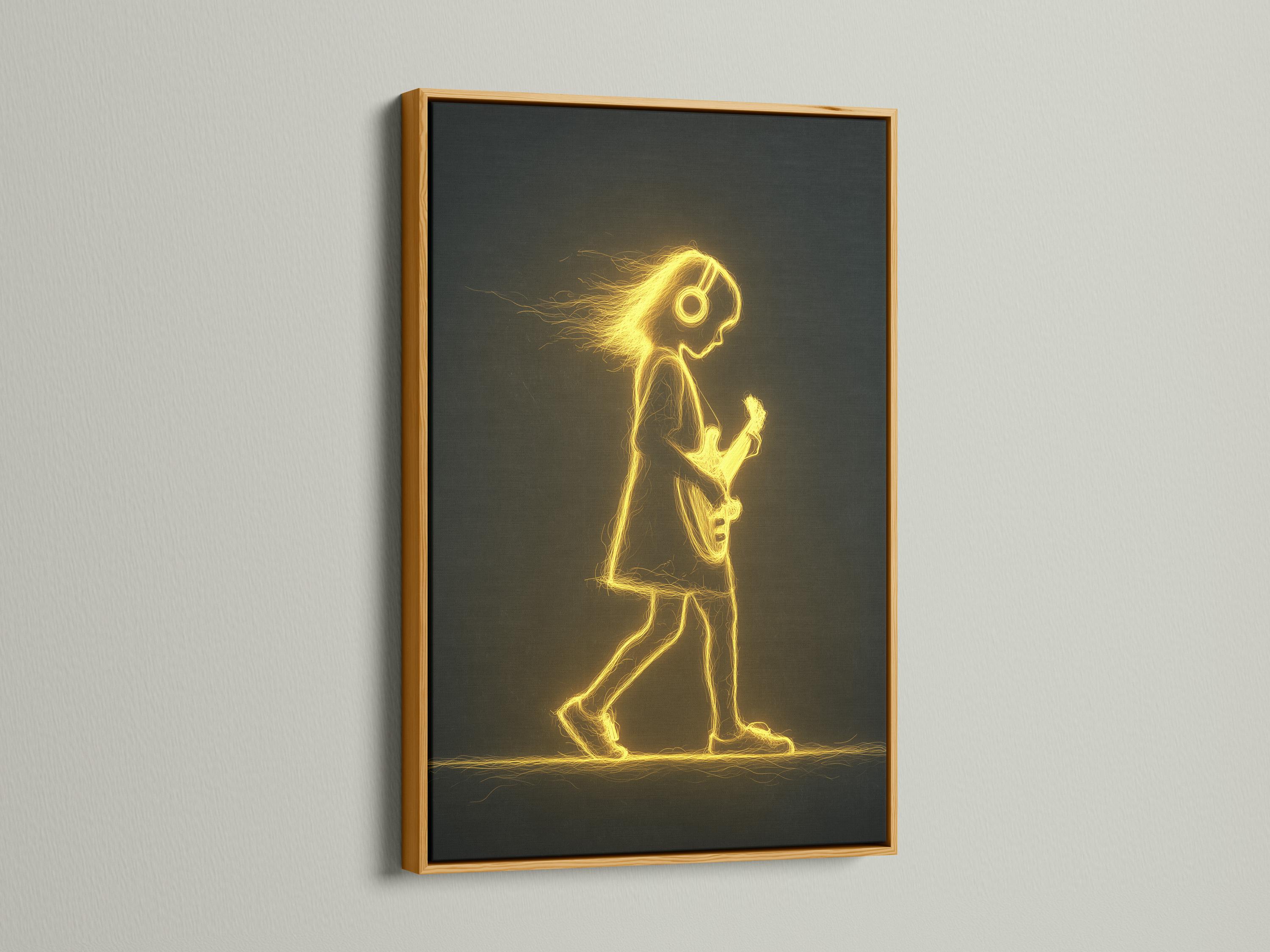 Neon gold outline guitar player with a glowing halo and electric guitar on a dark background detail view