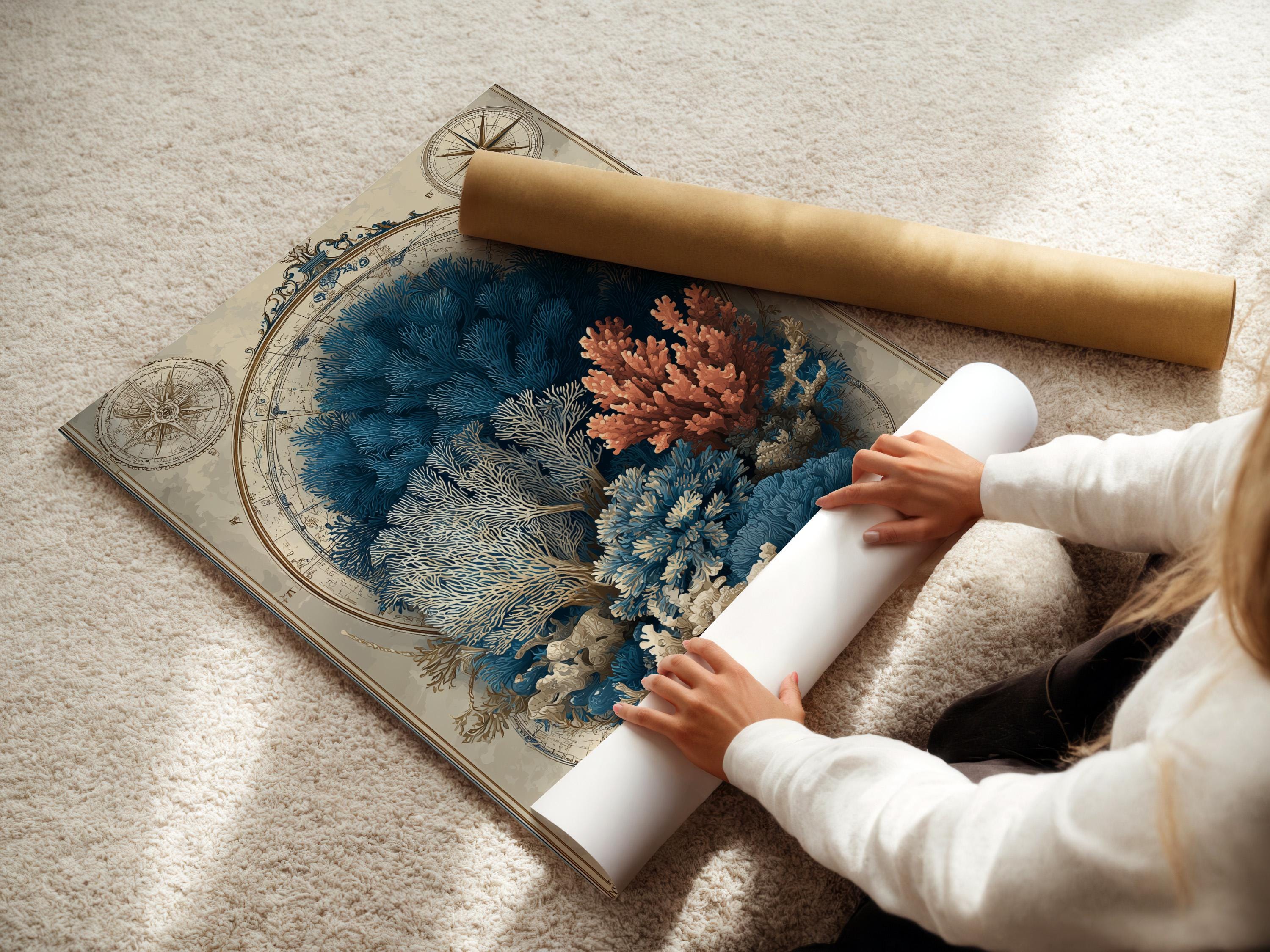 Room mockup showing a framed nautical map illustration featuring a coral reef and compass roses