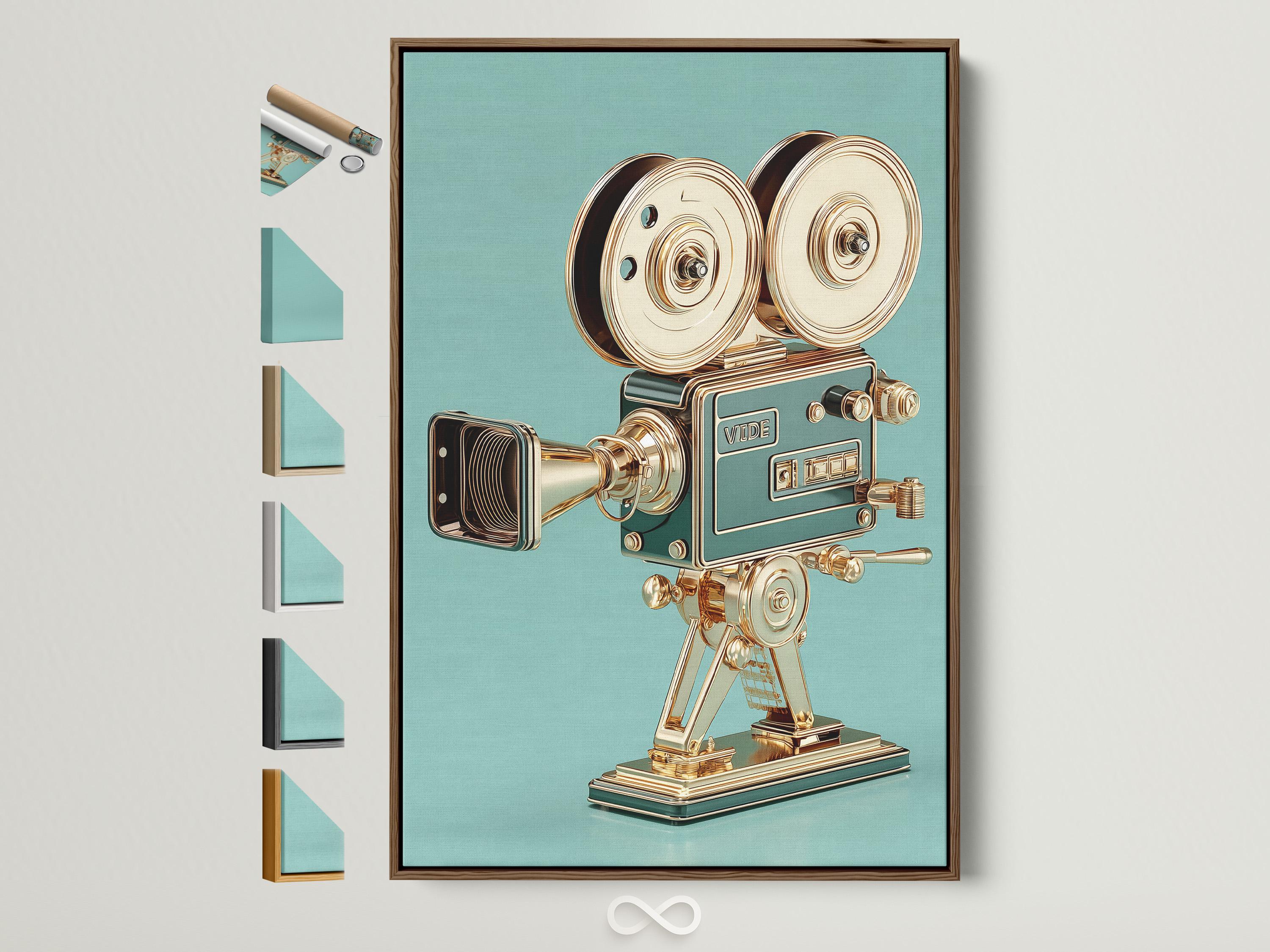 Woman standing beside a framed vintage film camera illustration on a teal background