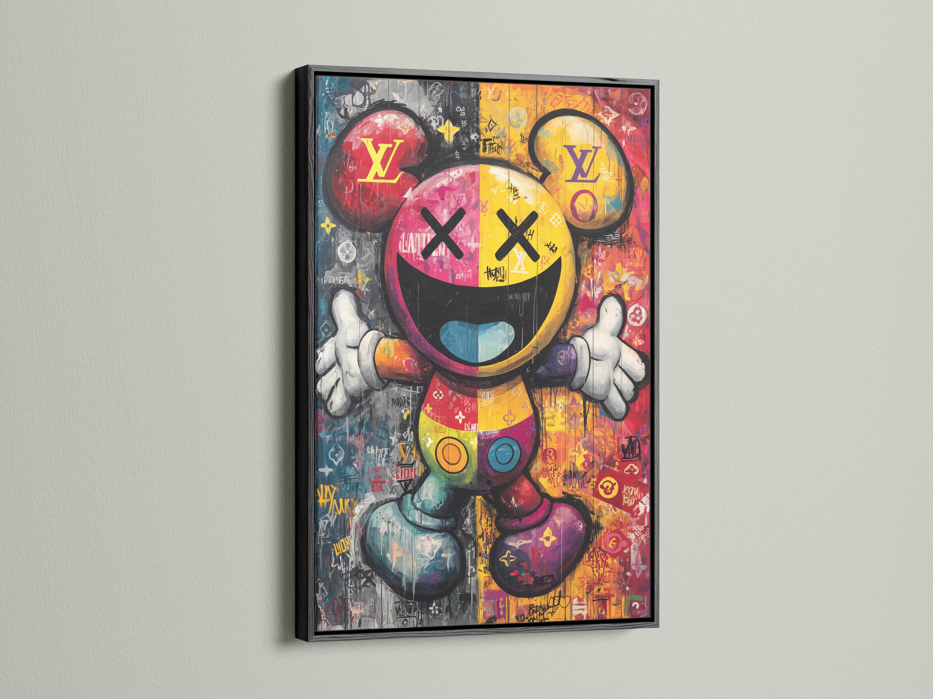 Colourful pop-art Mickey character portrait with thick black outlines and graffiti collage background detail view