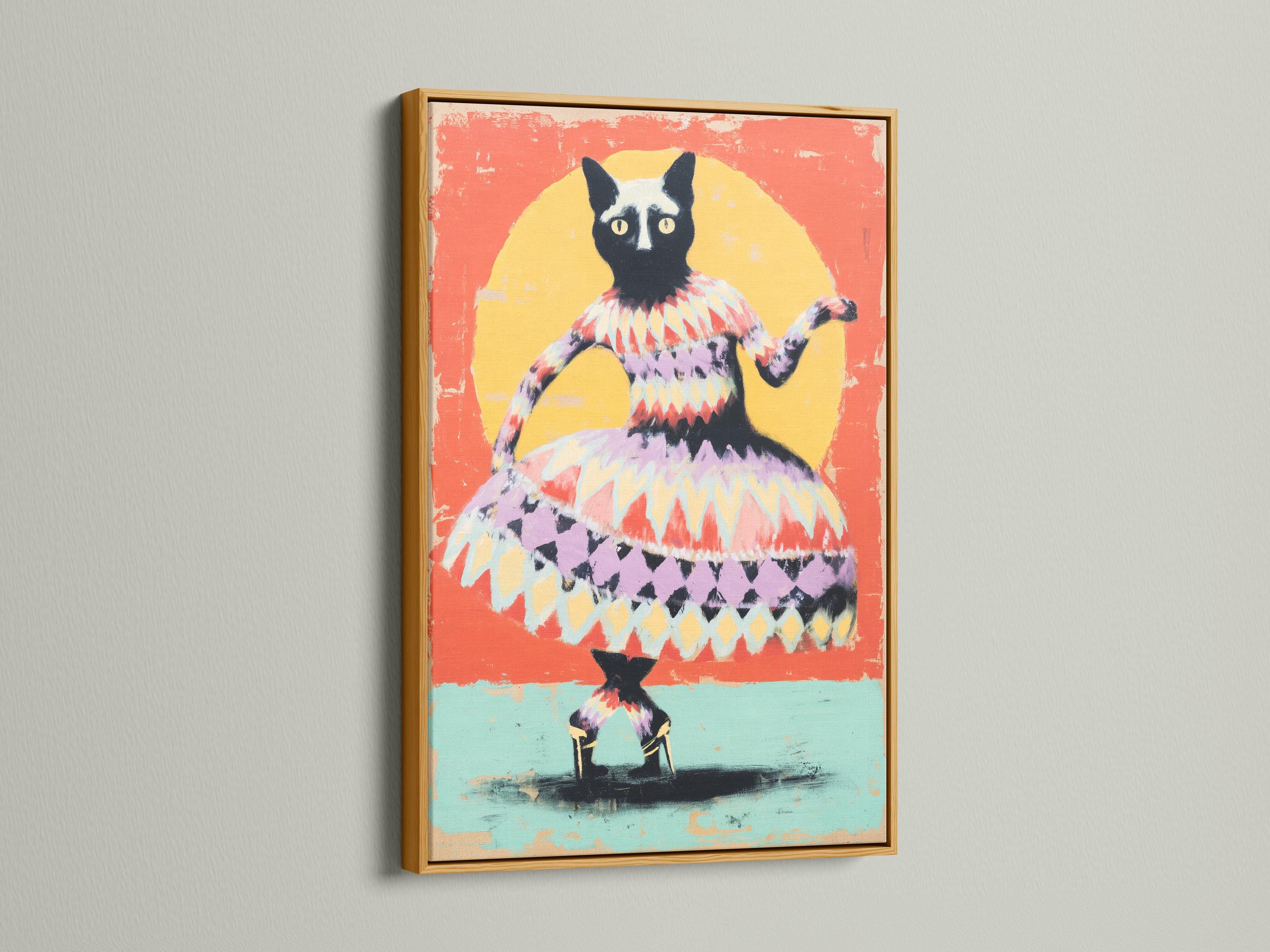 Cat artwork in a framed mockup on a wall with additional frame variations