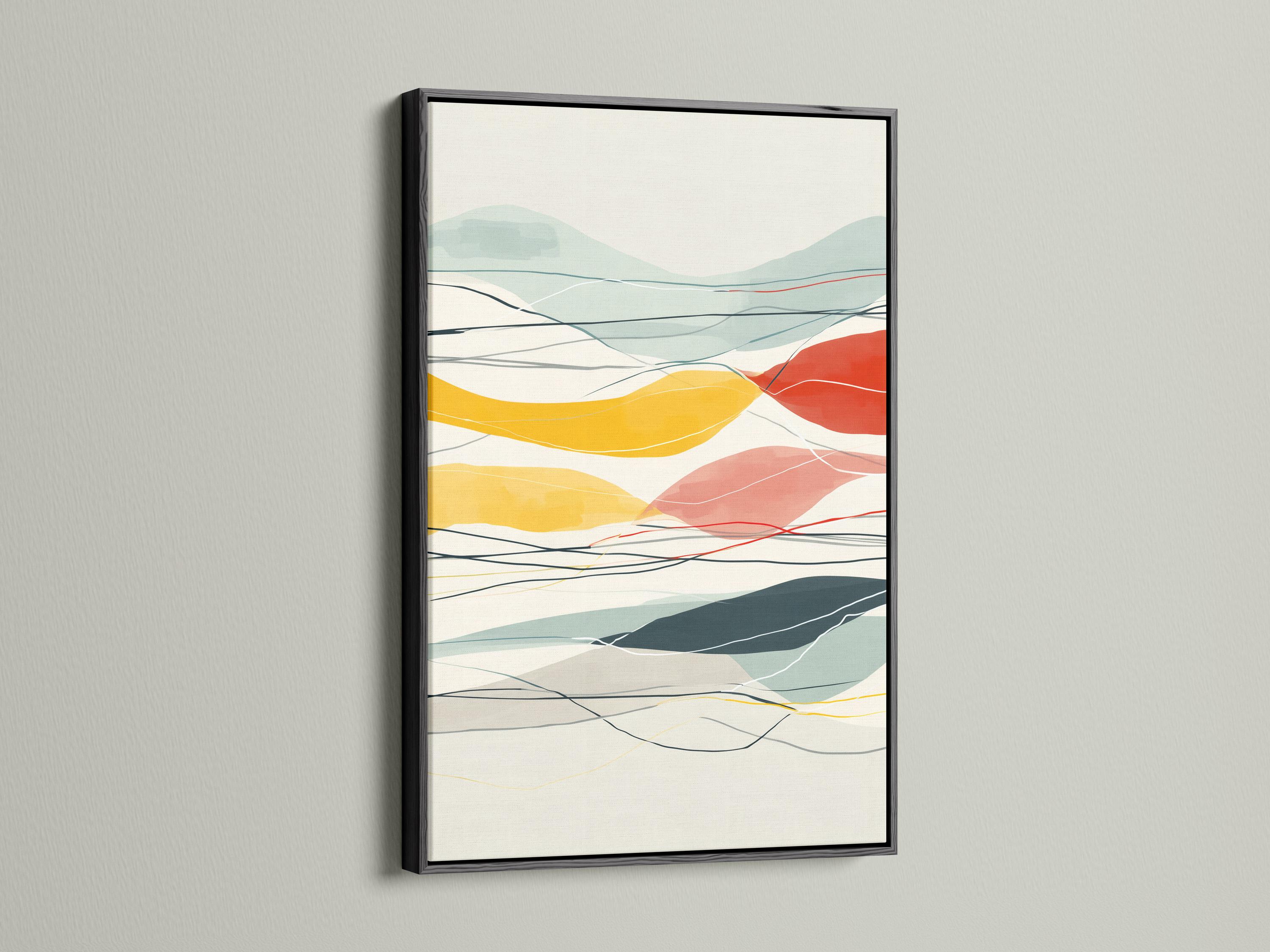 Mountain-inspired abstract geometric landscape in mint, cream, ochre and red with contour lines detail view