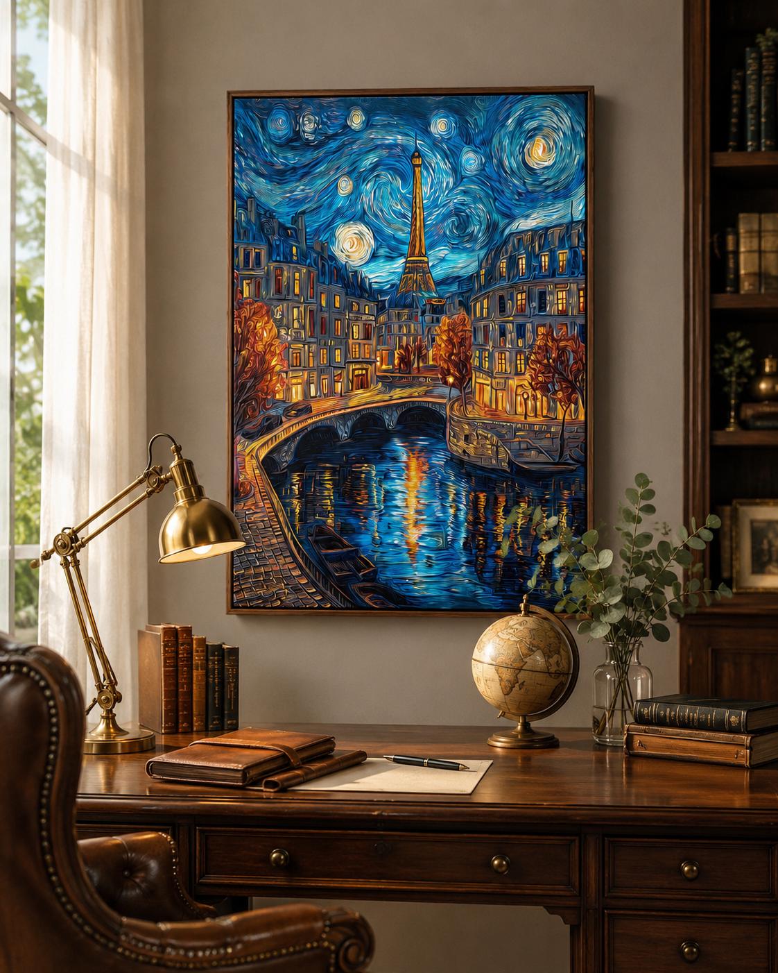 Woman hanging a framed night cityscape painting featuring the Eiffel Tower on a brick wall