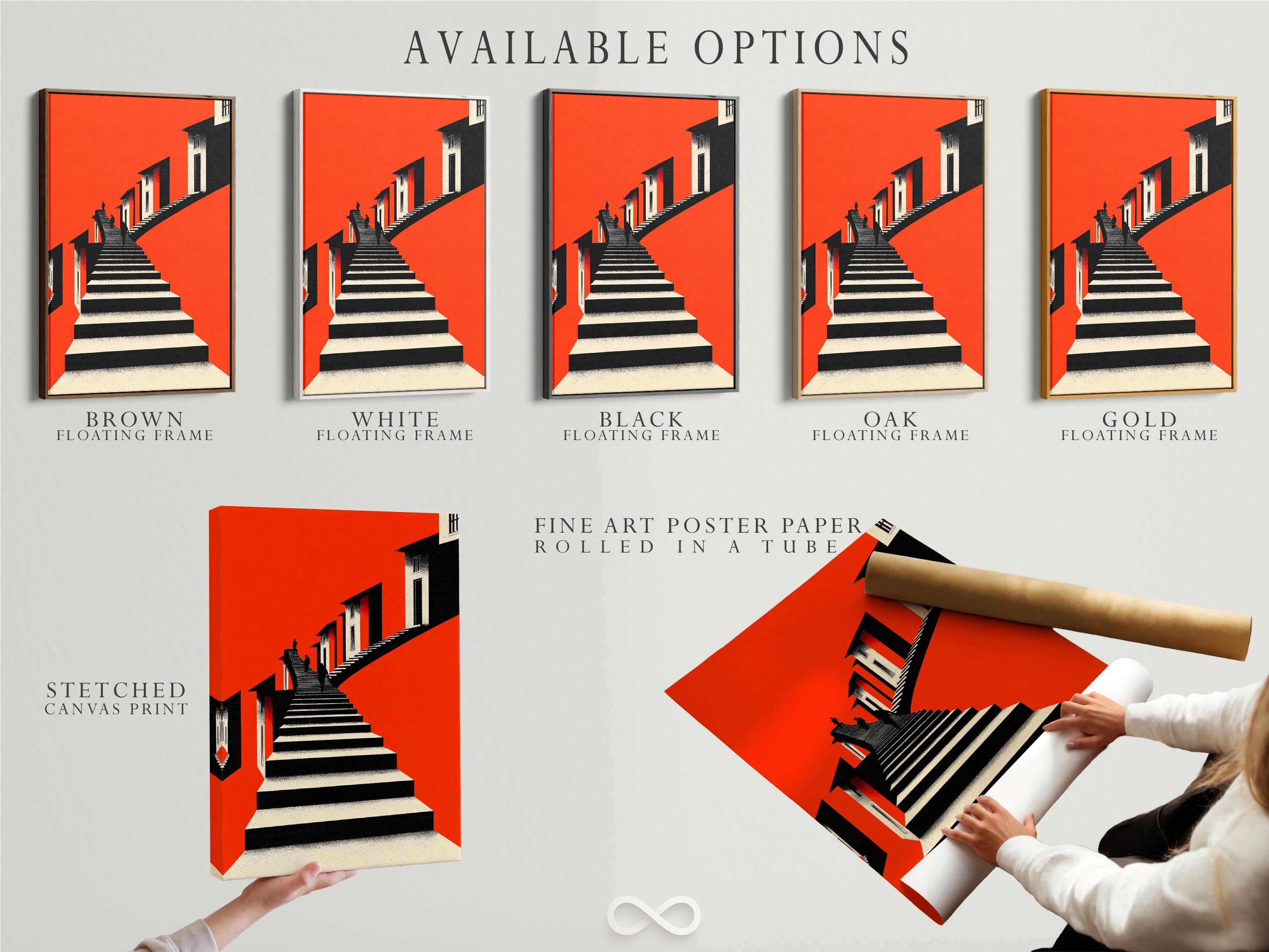 Room mockup showing a red and black geometric staircase artwork with inset views