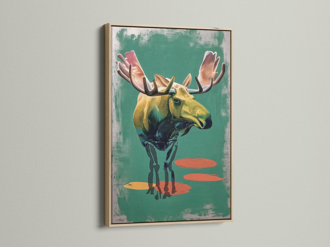 Stylised moose in side profile with large antlers on a textured teal-green background and warm orange shapes detail view