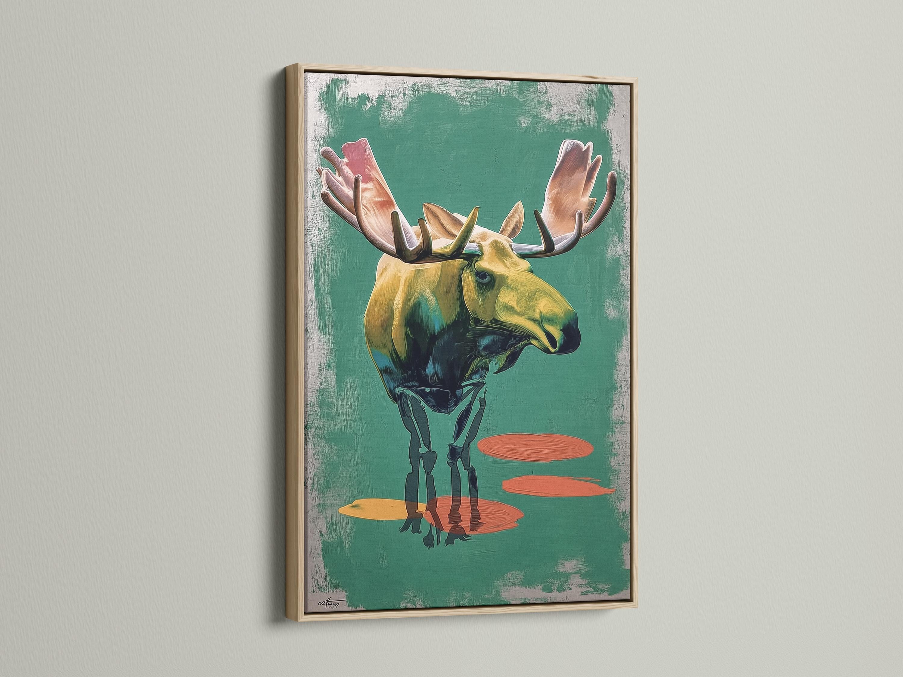 Stylised moose in side profile with large antlers on a textured teal-green background and warm orange shapes detail view