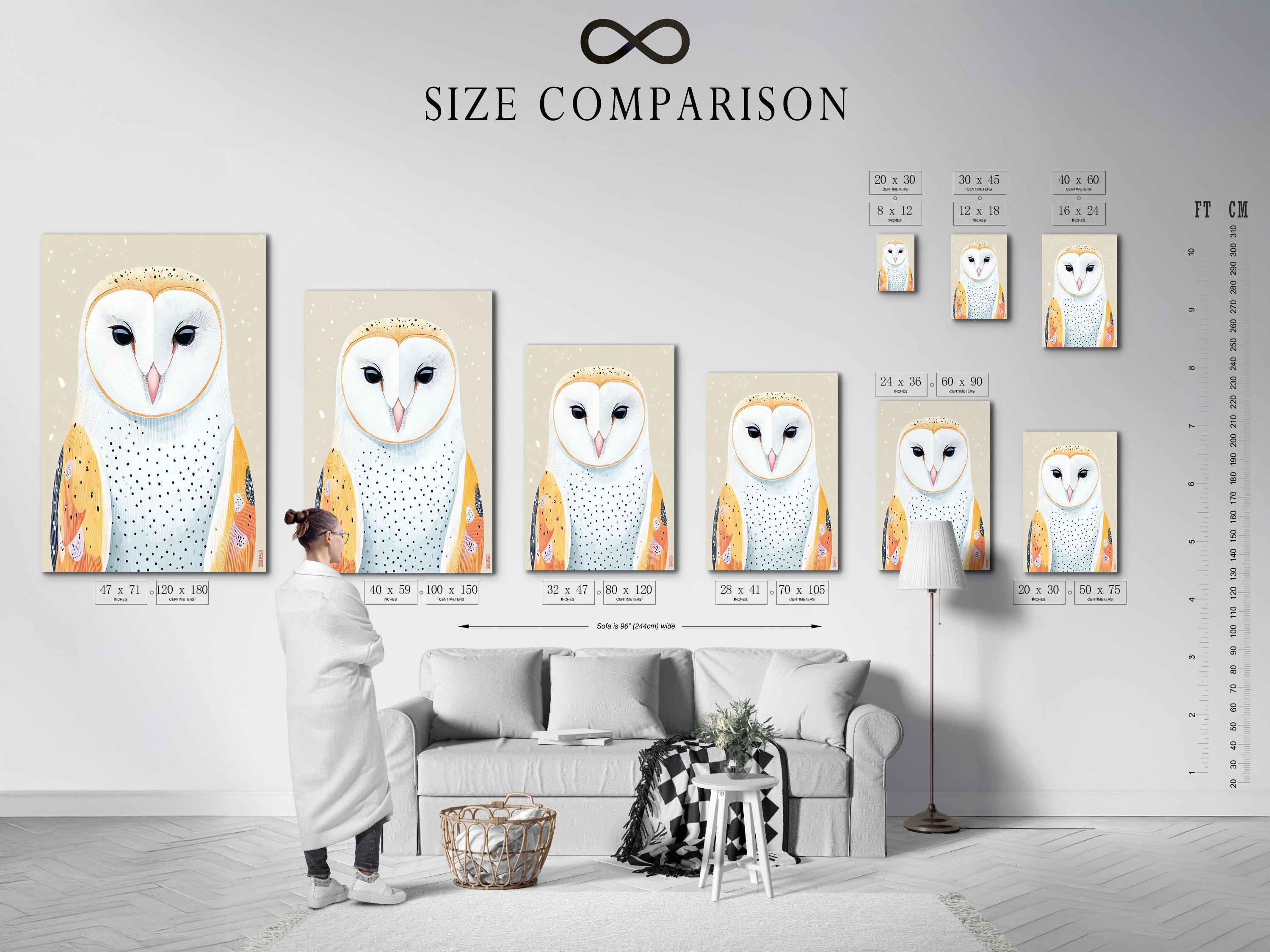 Room mockup showing a framed owl artwork with neutral beige background and orange and blue details