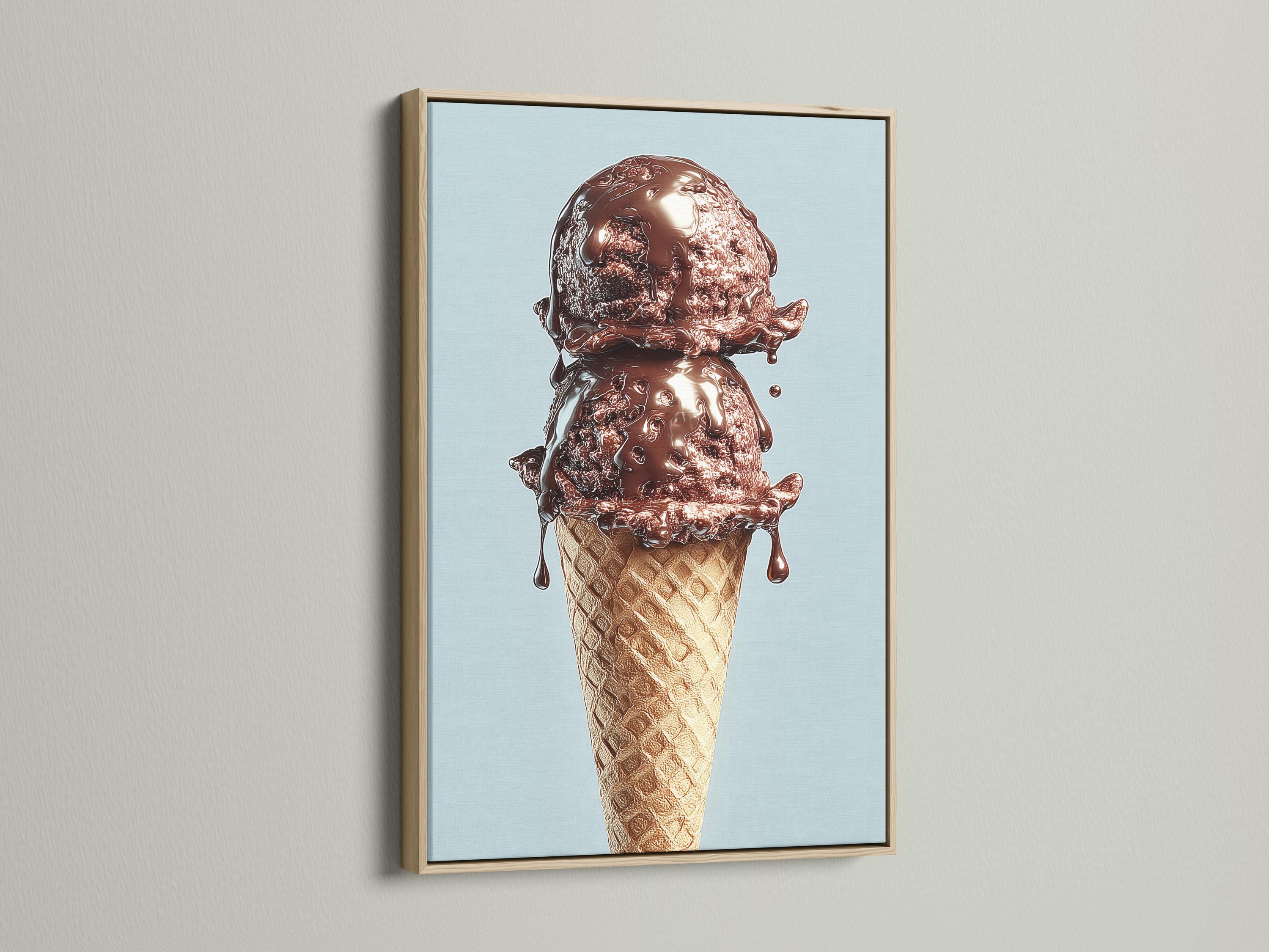 Chocolate ice cream cone illustration on a light blue background detail view