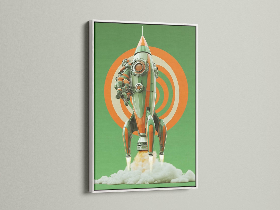 Retro space rocket with astronaut, mint green background and orange concentric rays detail view