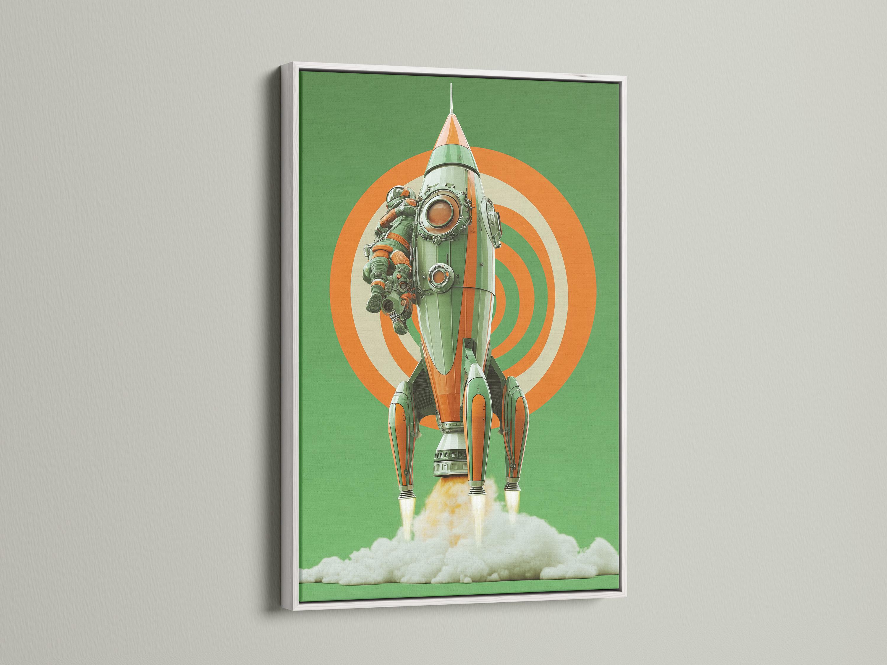 Retro space rocket with astronaut, mint green background and orange concentric rays detail view