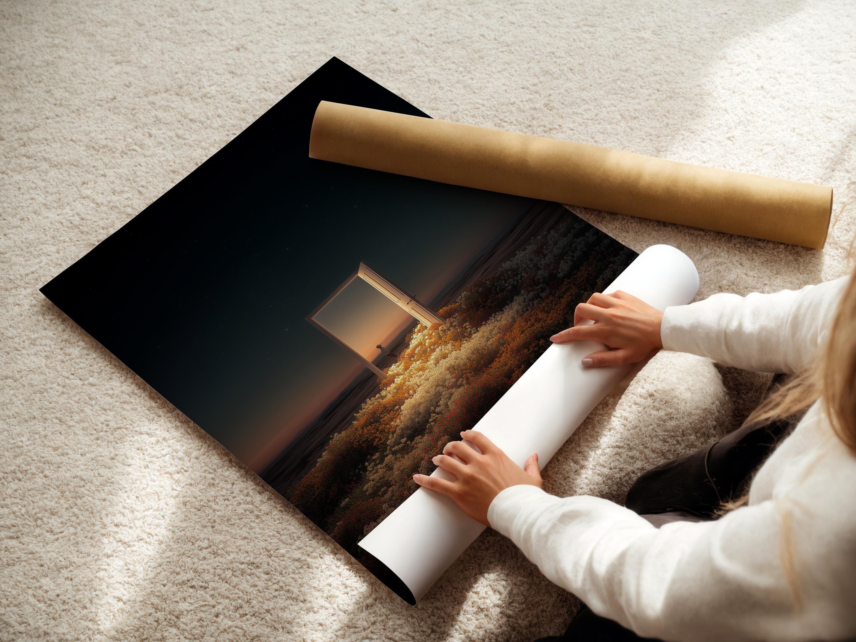 Room mockup showing a framed night seascape with a glowing doorway opening and starry sky