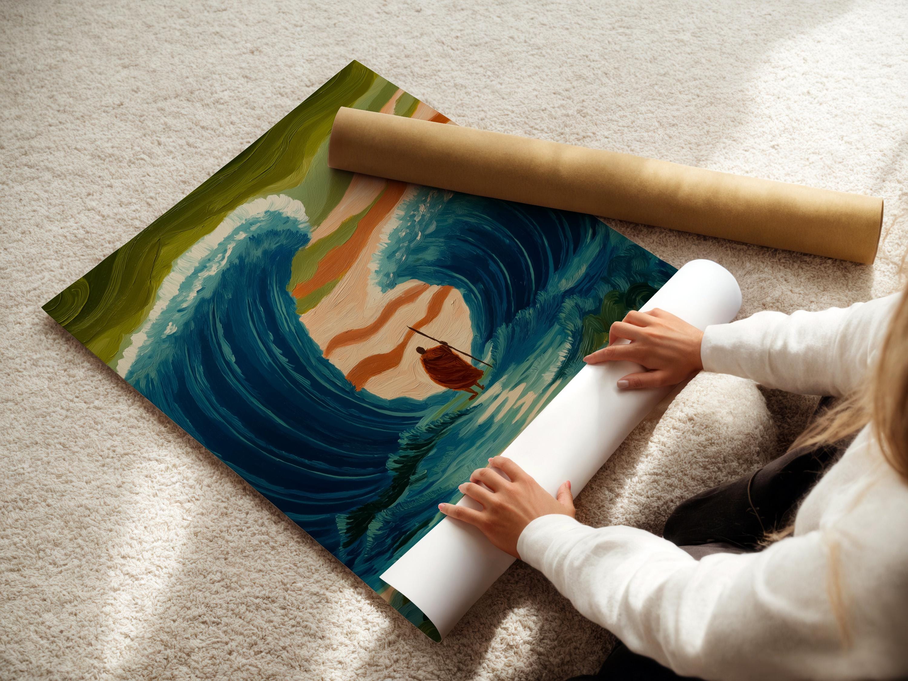 Painterly teal ocean scene with waves parting around a central figure holding a staff detail view