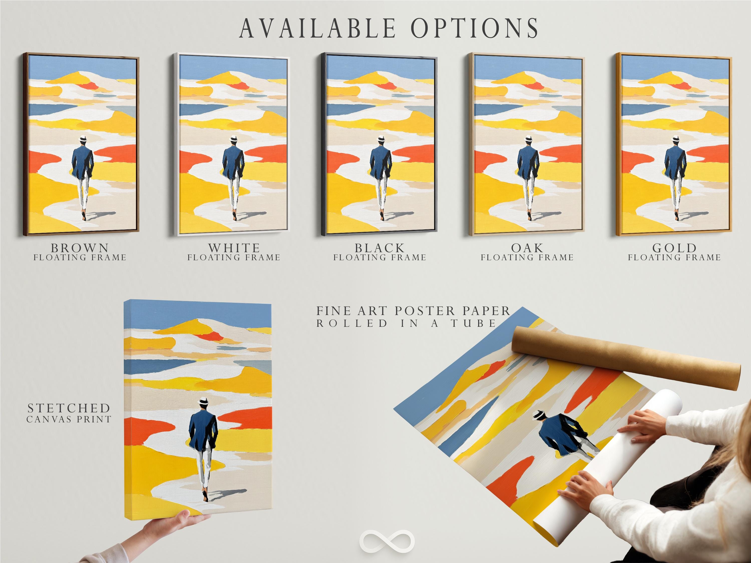 Room mockup featuring framed coastal beach artwork with a person walking away in yellow dunes