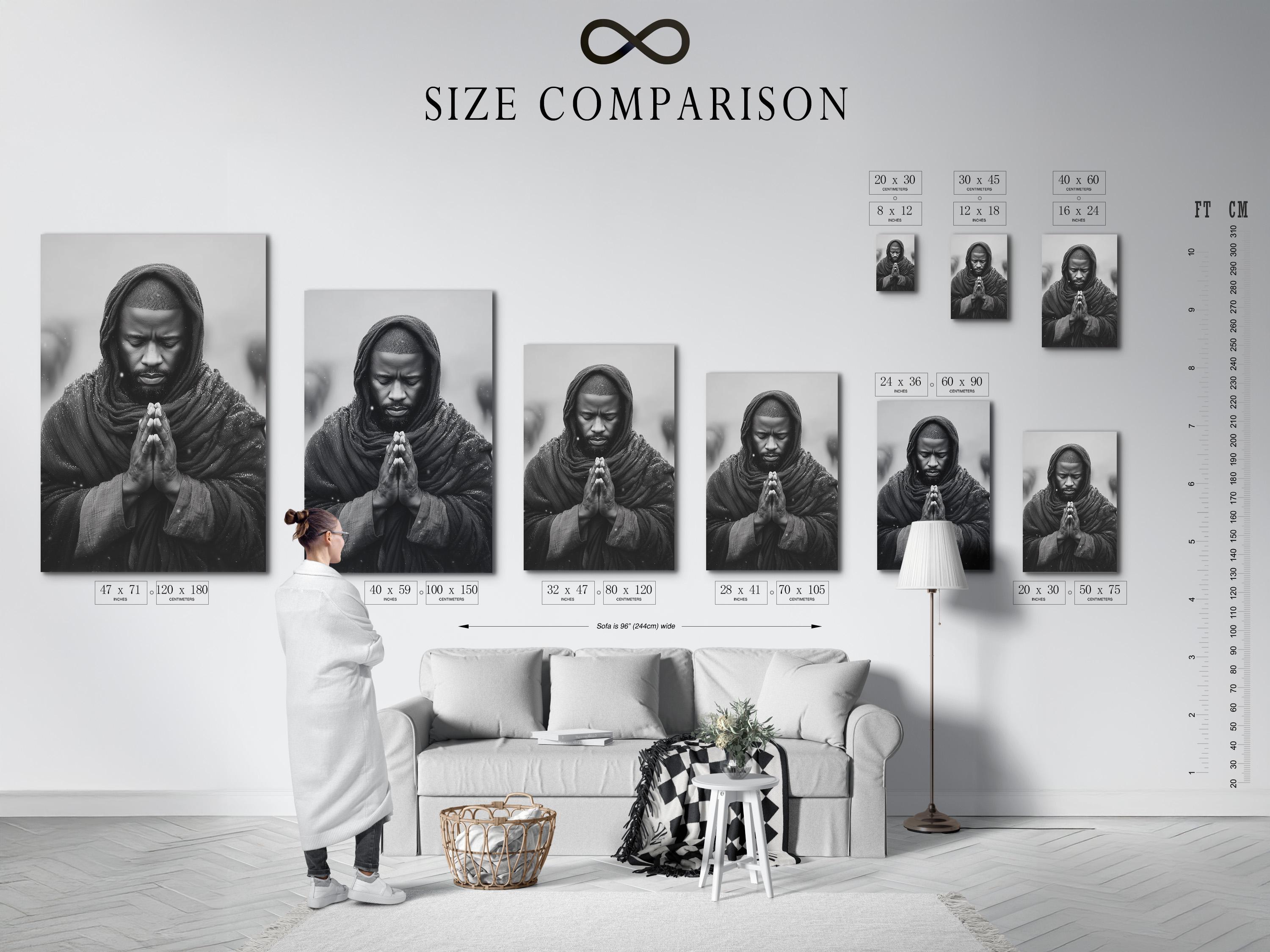 Room mockup showing a framed monochrome praying man portrait on a light background