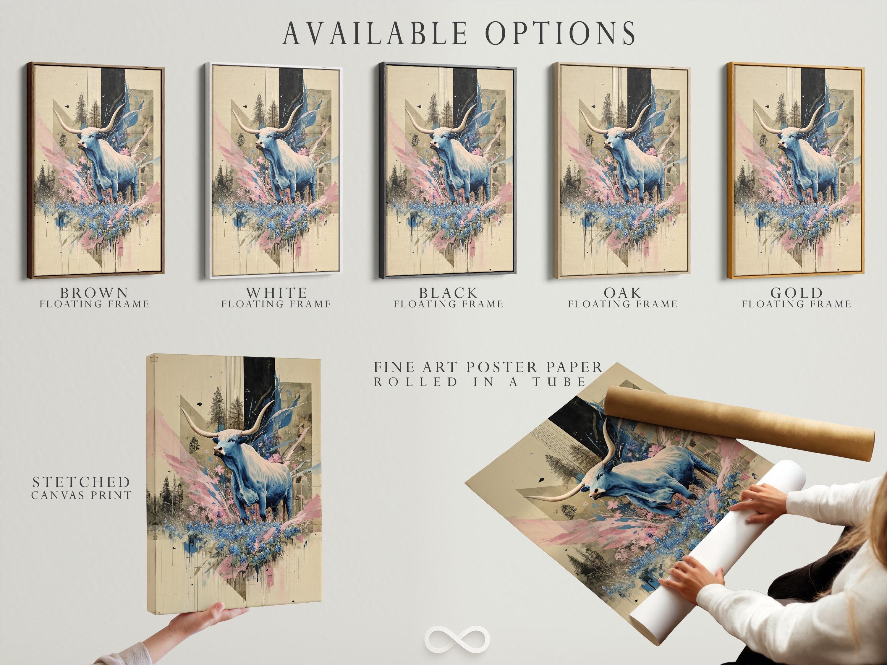 Stylised blue longhorn with horns and pink and blue flowers in a collage-like scene detail view