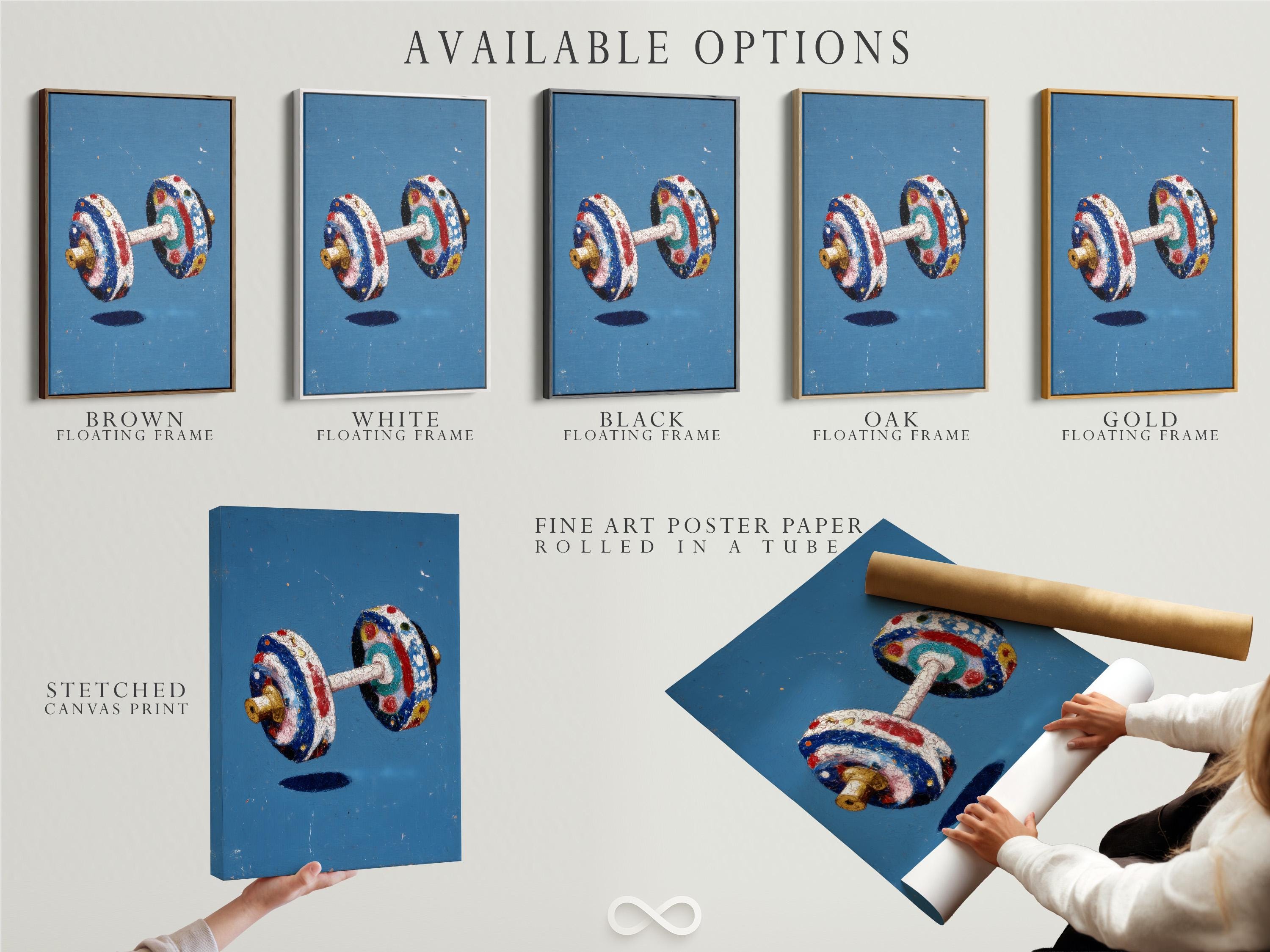 Stylised dumbbell weights illustration on a distressed blue background with red, white and gold accents detail view