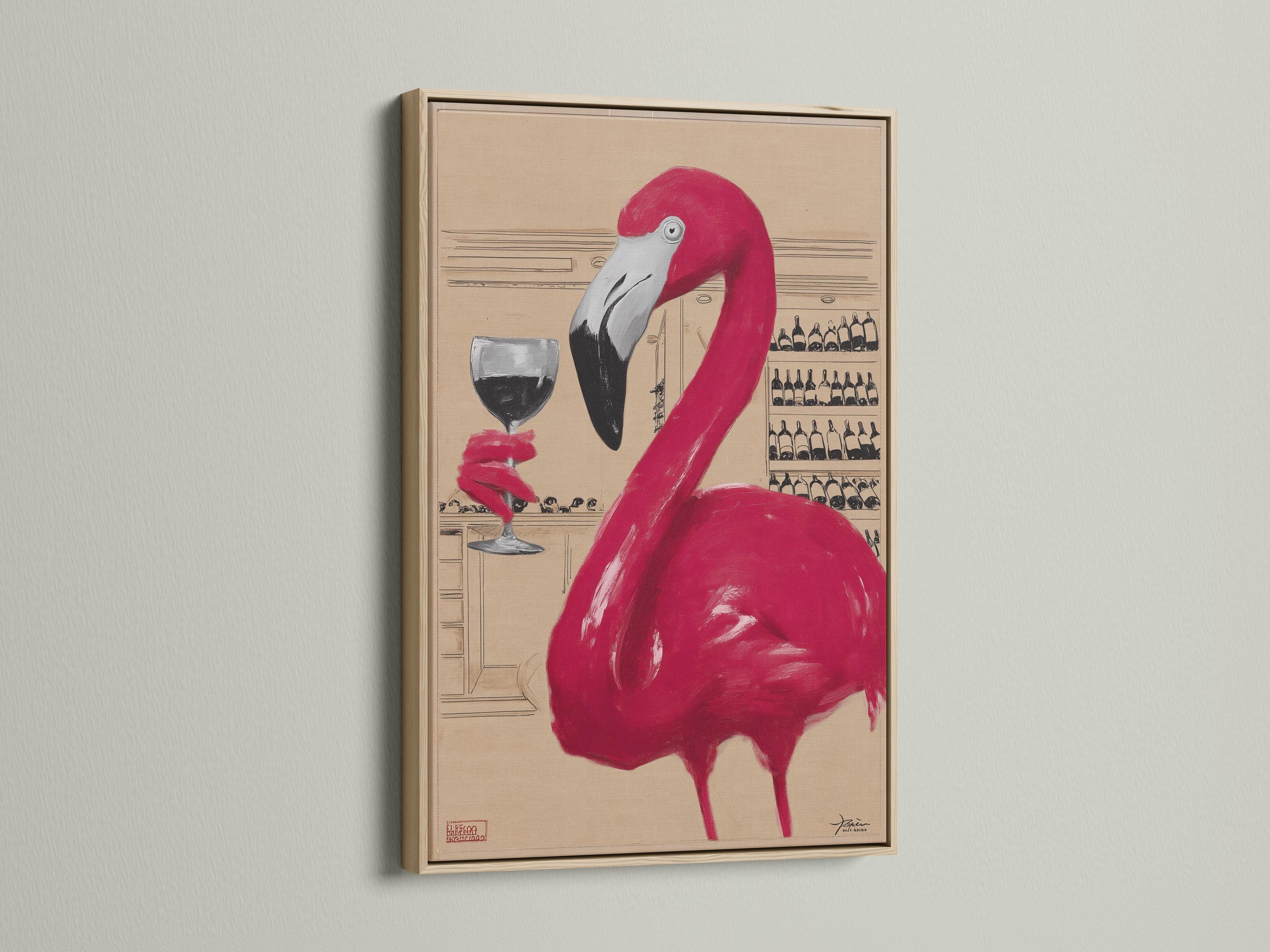 A pink flamingo in a beige bar scene with a wine glass and shelves of bottles detail view