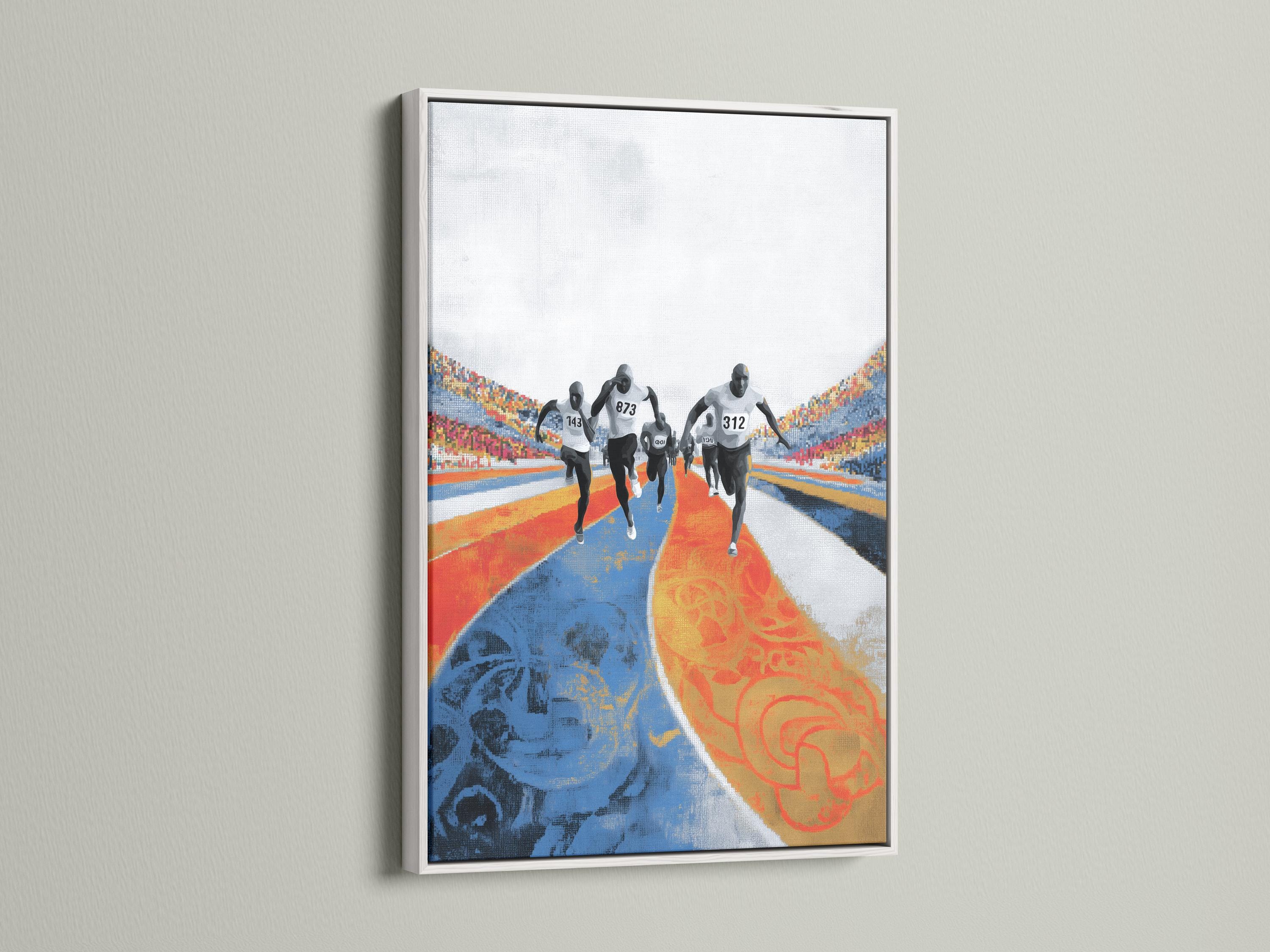 Marathon runner artwork shown in a wall mockup with frame thumbnails