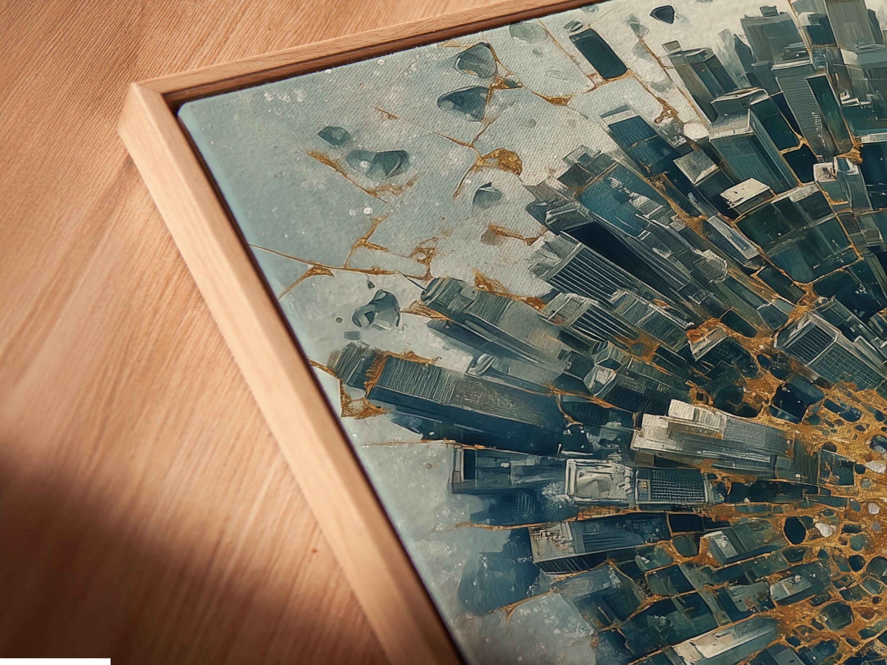 Abstract city tunnel artwork with radiating blue-grey buildings and warm gold accents detail view