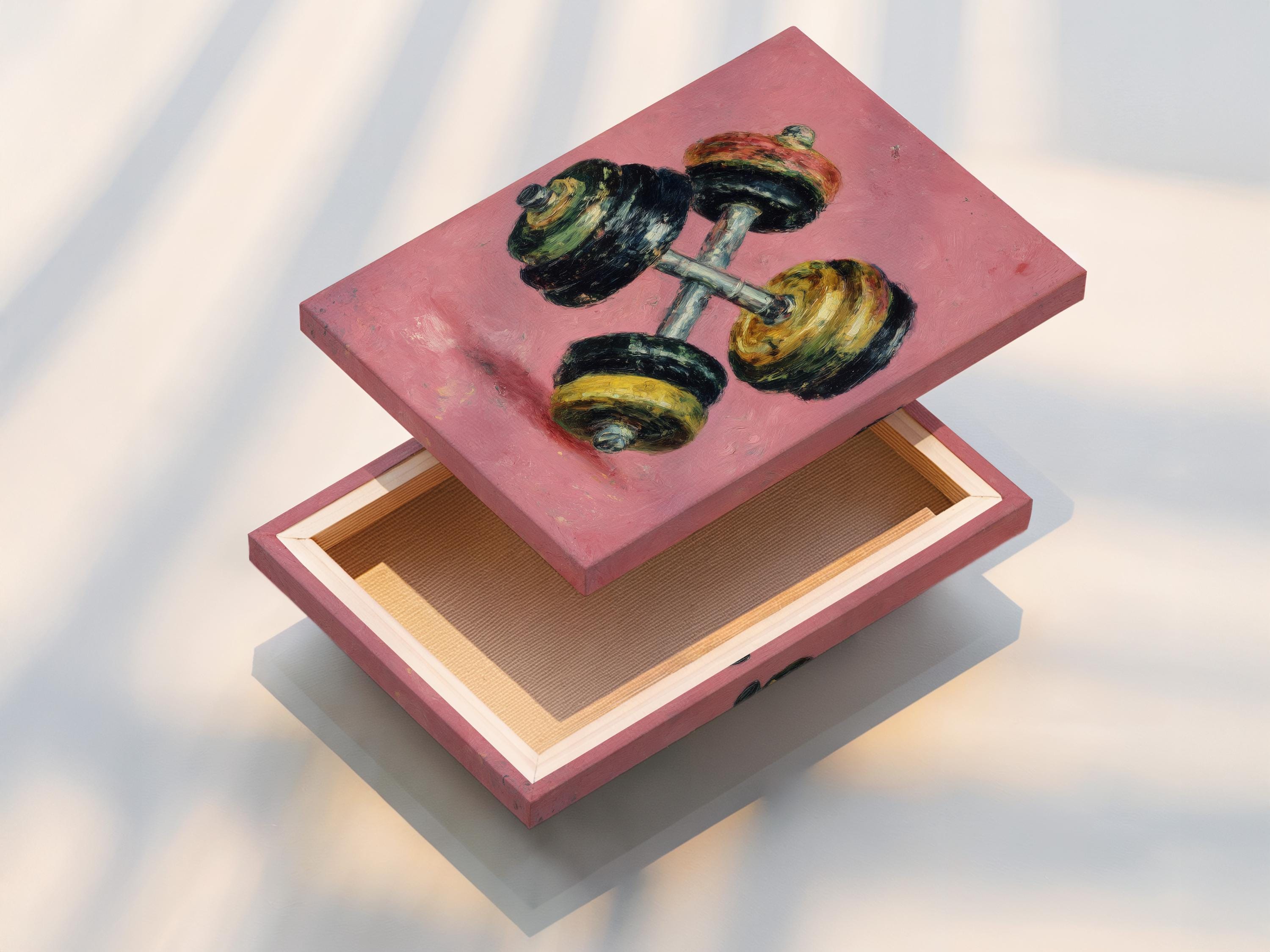 Wall mockup showing a retro dumbbell artwork on a pink textured background