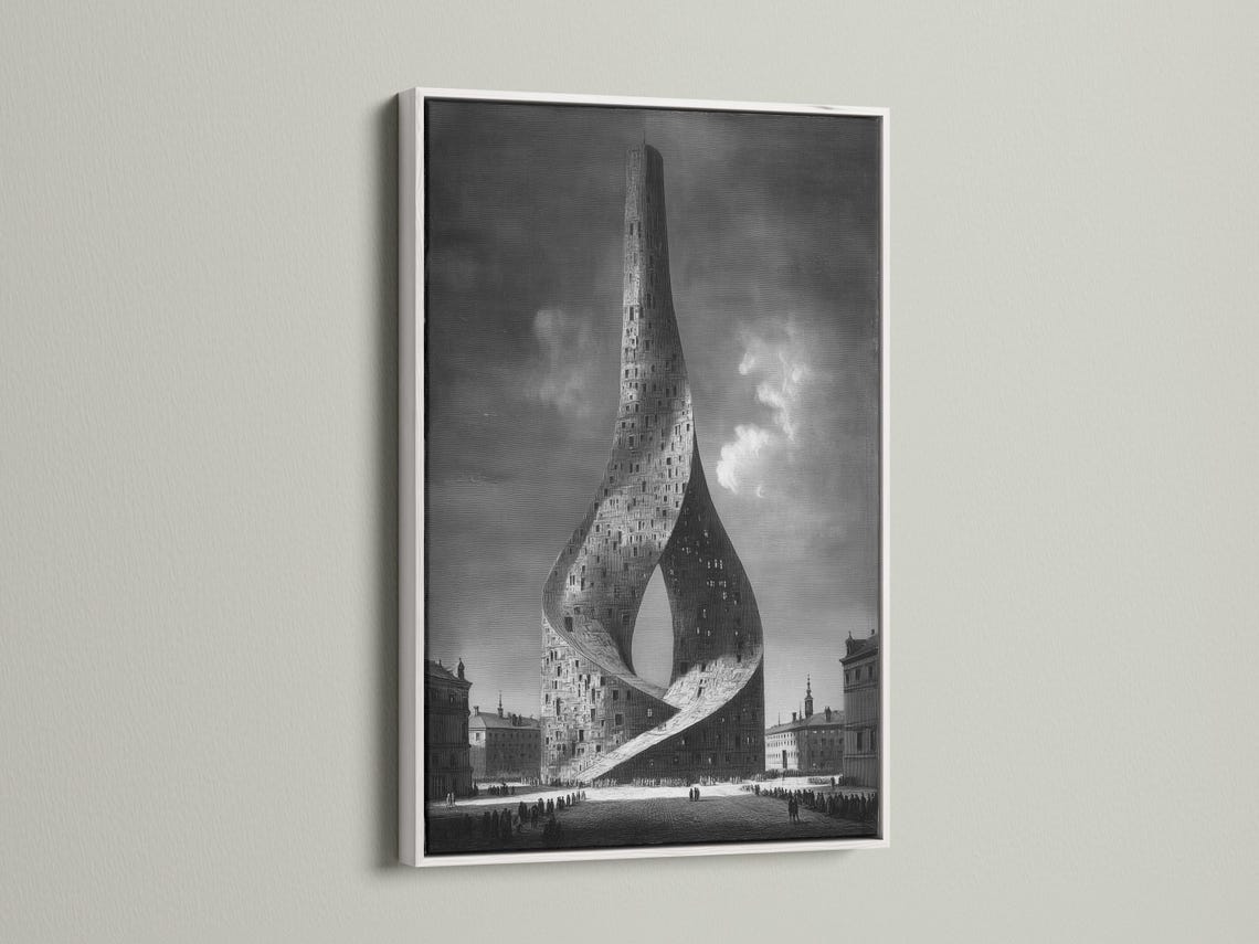 A monochrome cityscape shows a towering building formed into a surreal twisting ribbon shape with small crowds and dark skyline blocks detail view