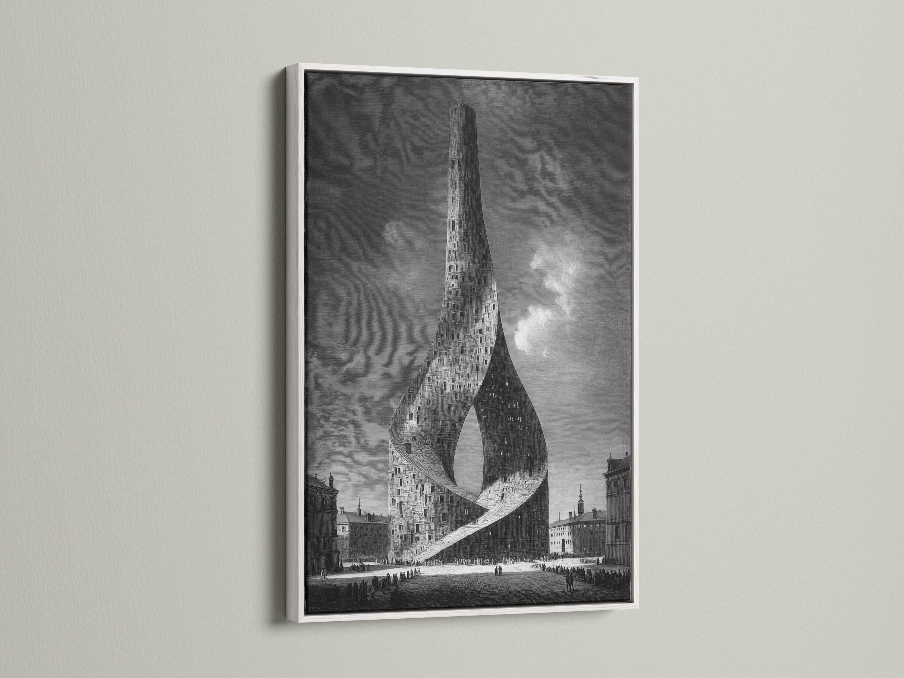 A monochrome cityscape shows a towering building formed into a surreal twisting ribbon shape with small crowds and dark skyline blocks detail view