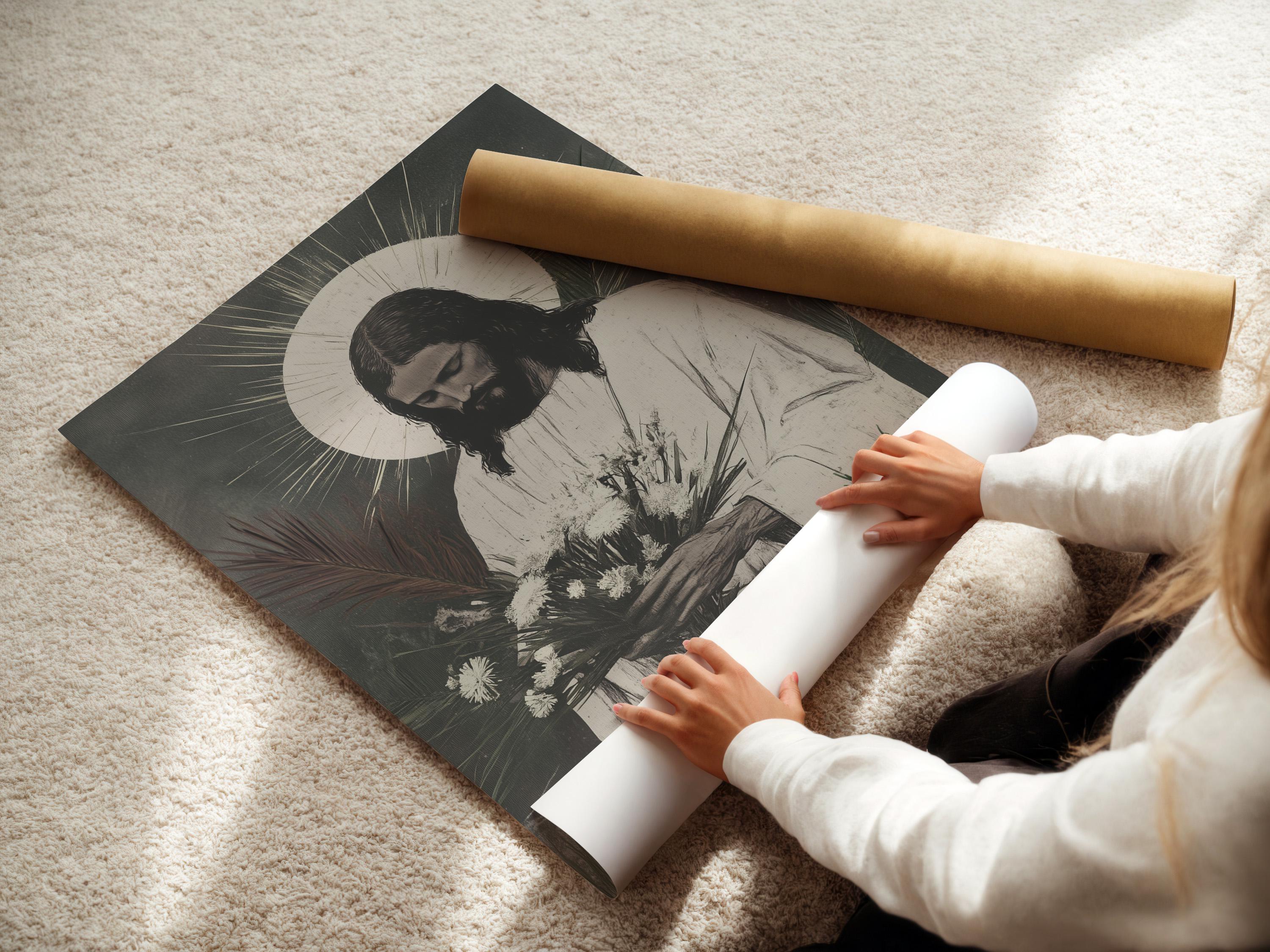 A monochrome illustration of Jesus seated and looking down, framed by a halo, with botanical leaves and dandelion-like flowers at the foreground