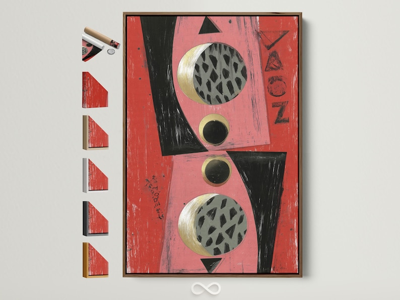 Abstract geometric artwork with coral and pink background, black shapes and gold-ring circles