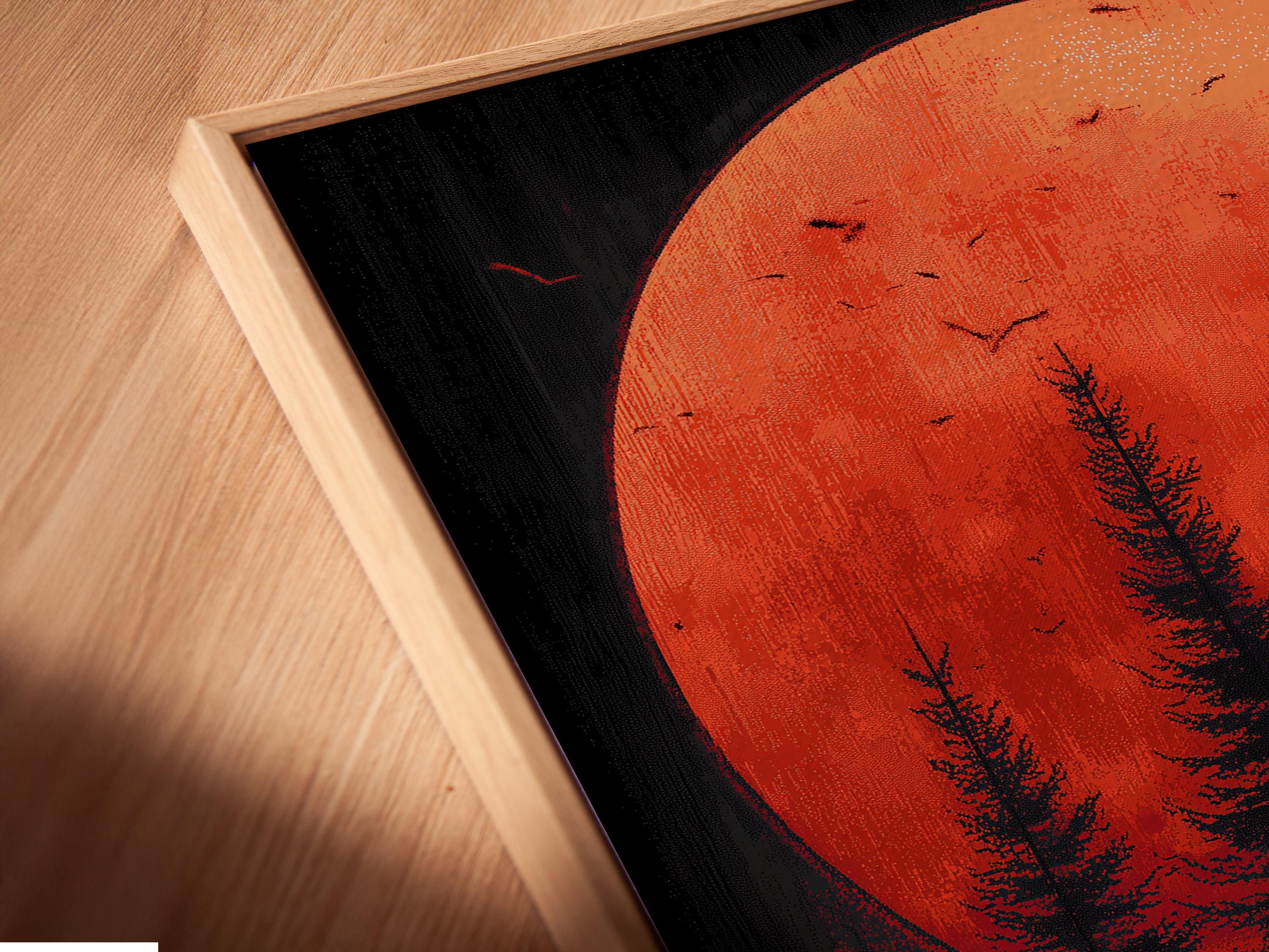 Crimson moon over dark pine forest with bird silhouettes and a winding path detail view
