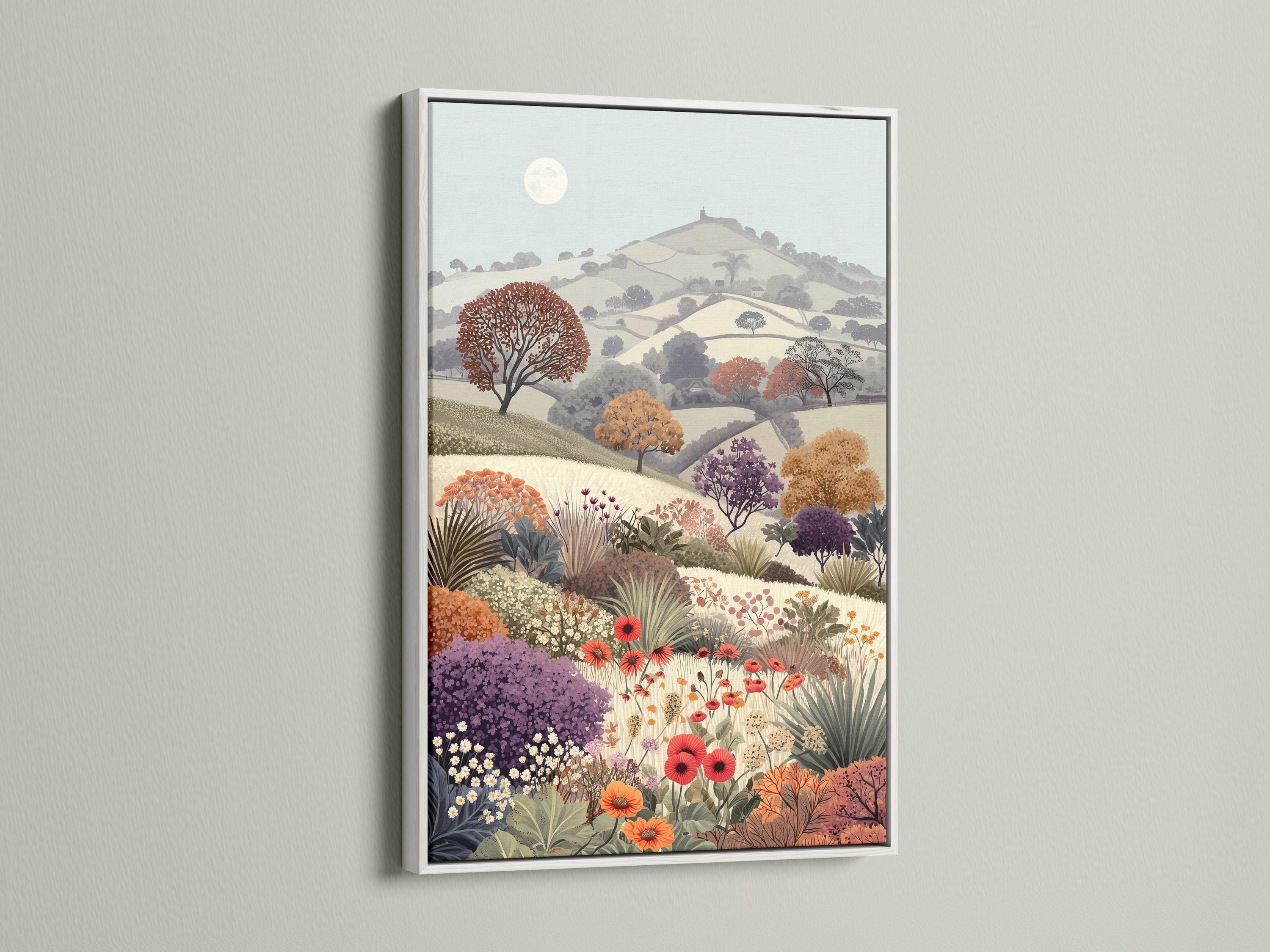 Portrait countryside landscape with rolling hills, a pale sun, and a dense meadow of colourful flowers detail view