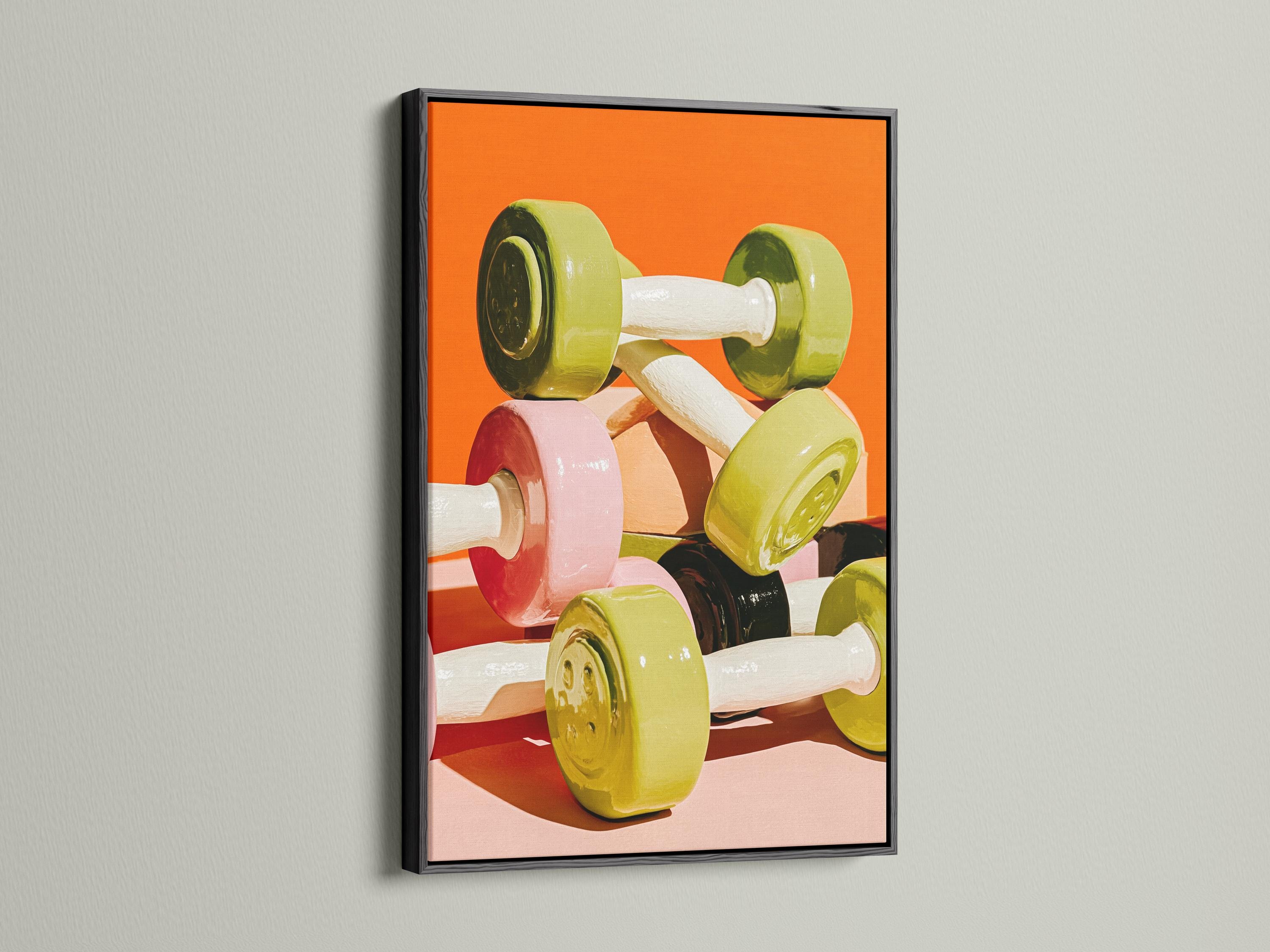Stylised dumbbell artwork with green and yellow weight plates on a bright orange background detail view