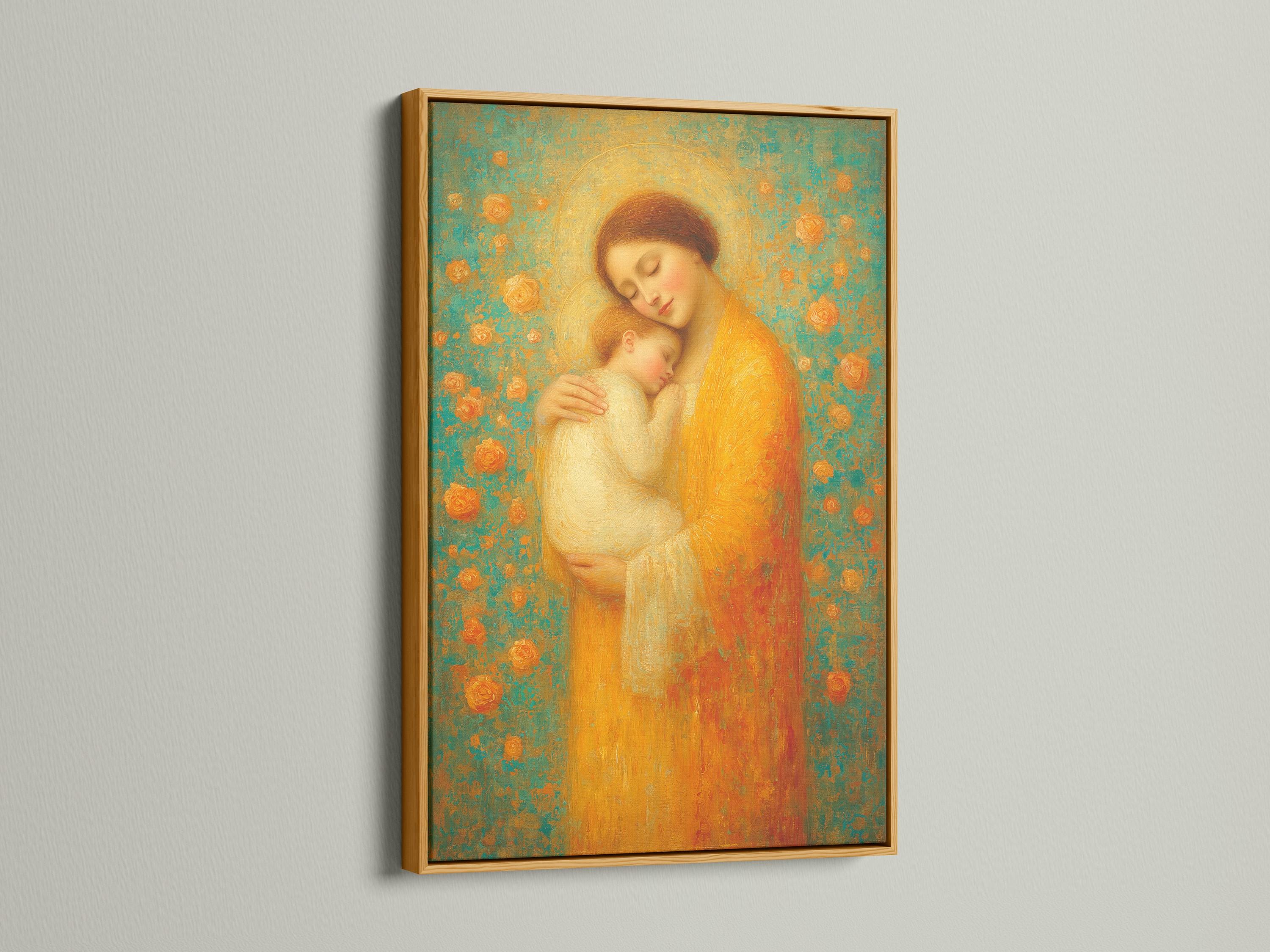 Warm gold mother holding a sleeping baby with halo against a teal patterned background detail view