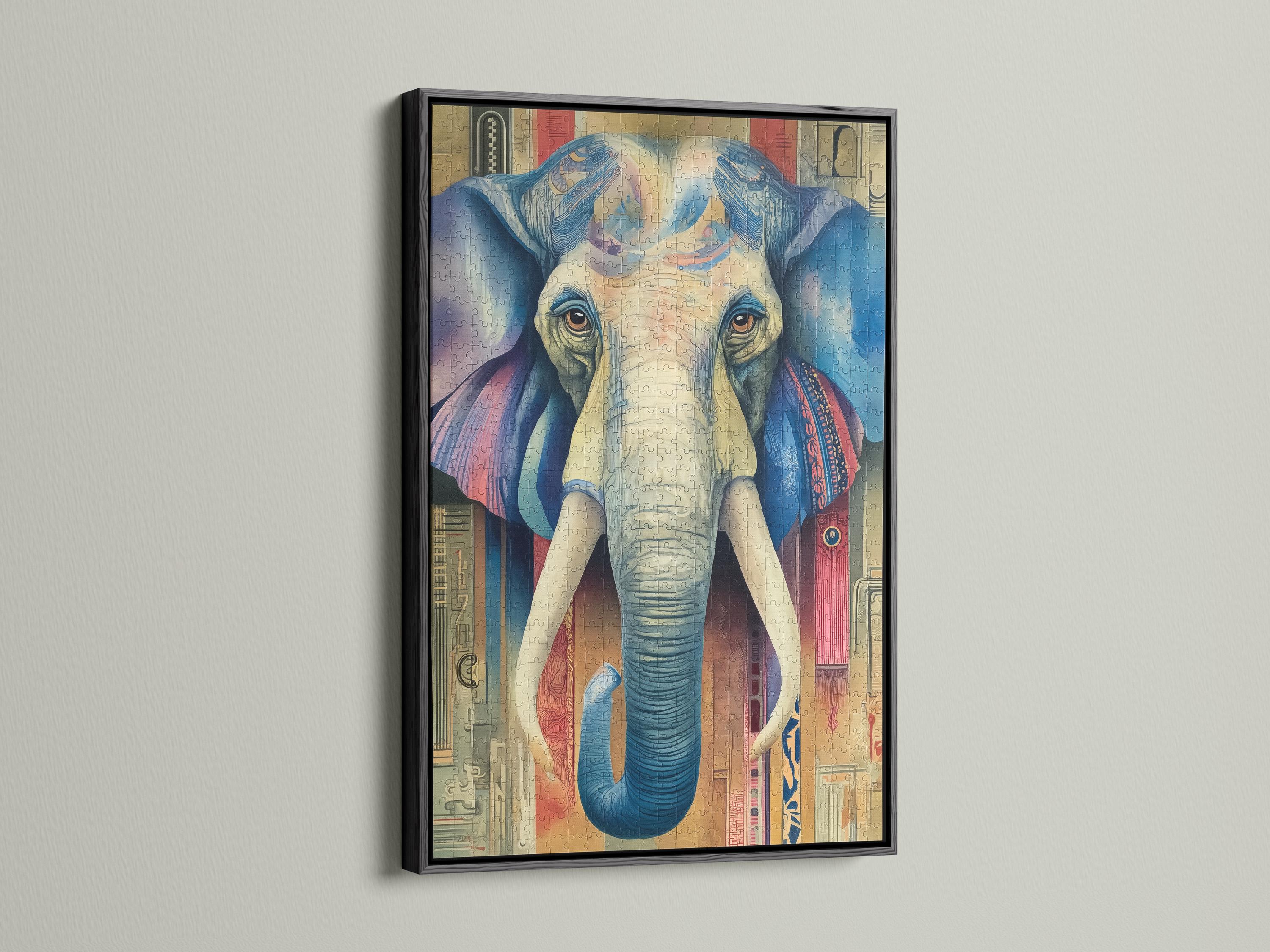 A stylised blue elephant portrait with patterned, map-like details sits centre-stage within a colourful, vintage-inspired background detail view