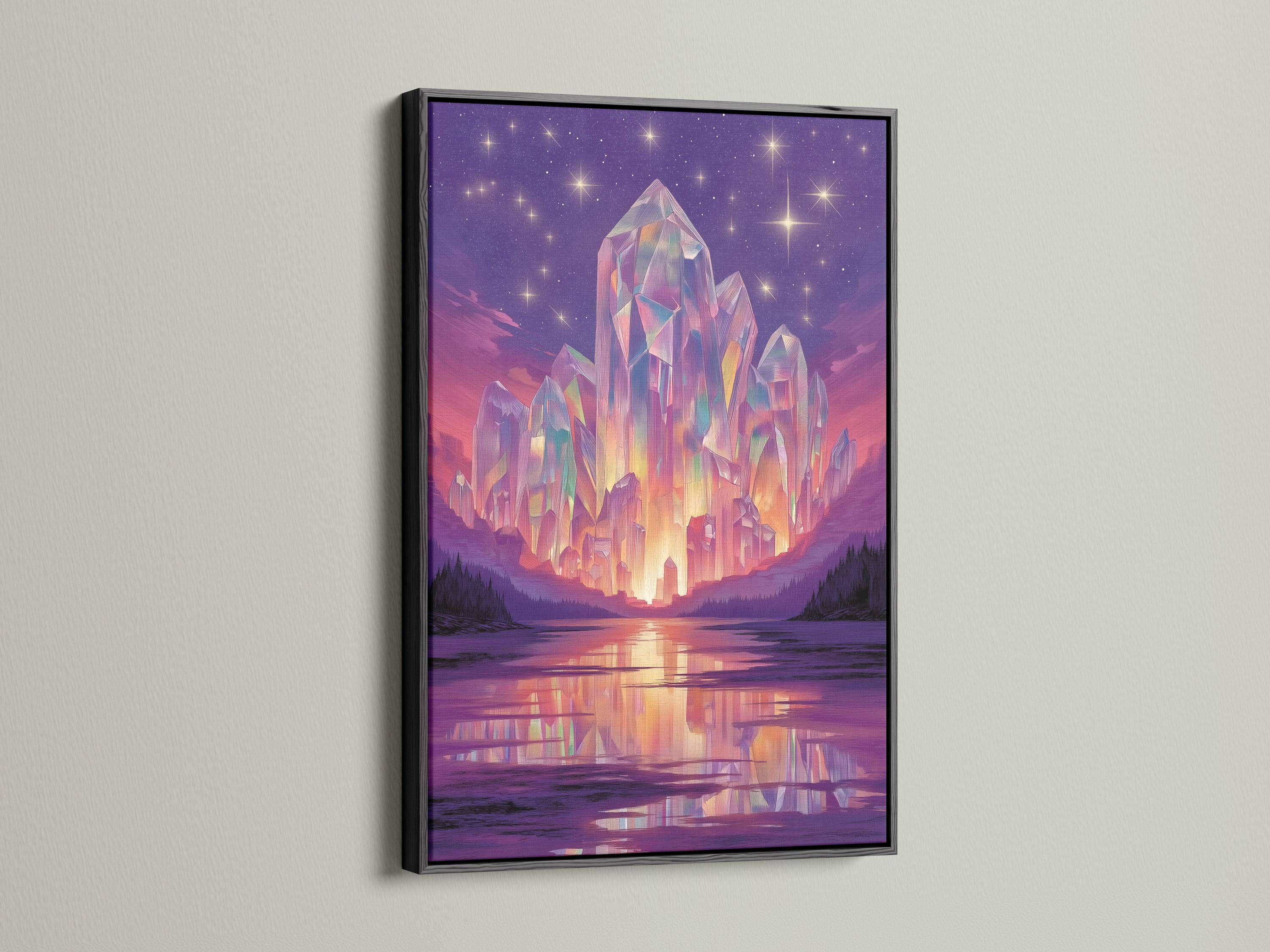 Purple crystal mountain landscape with a starry sky and reflective lake detail view