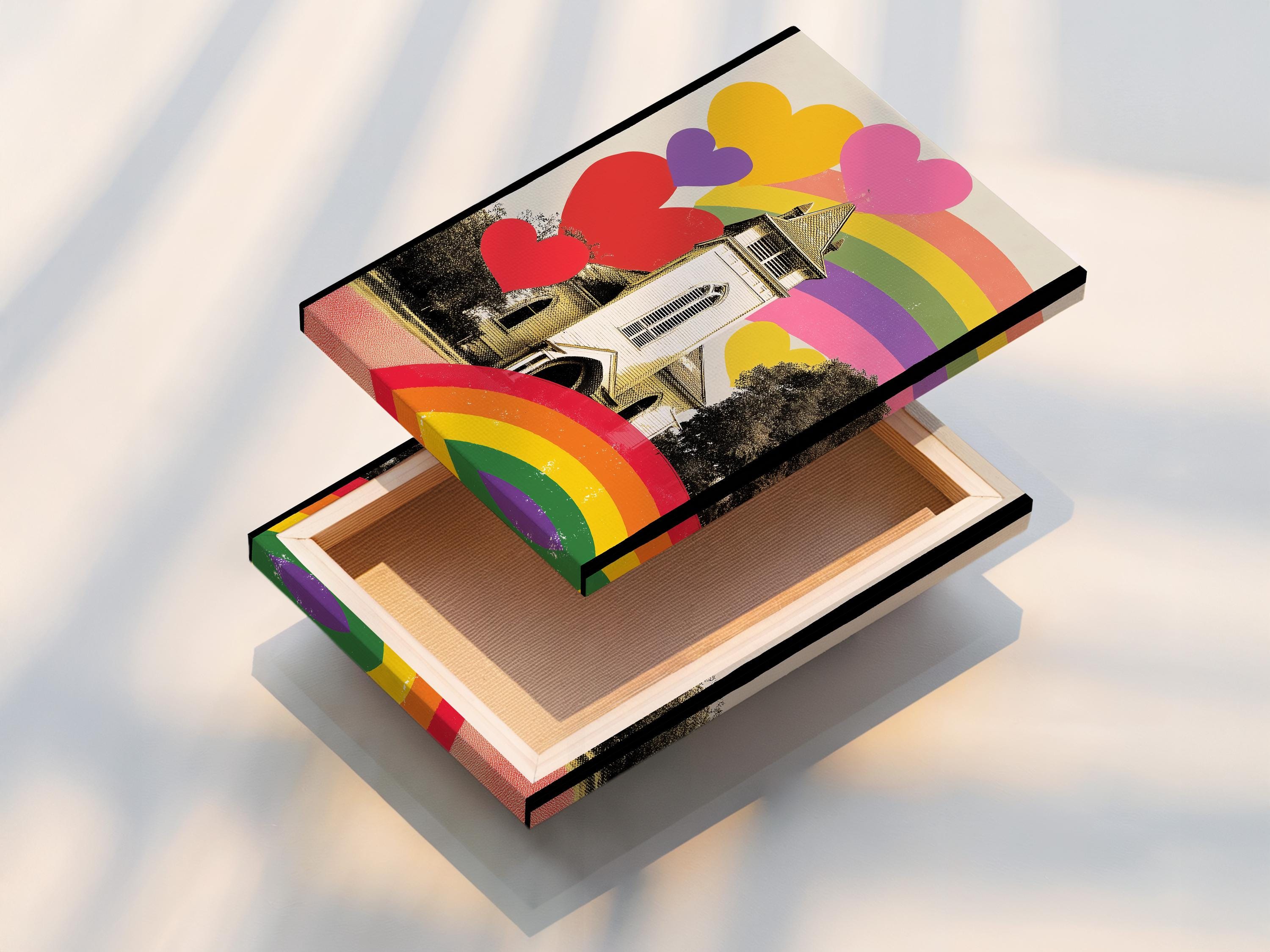 A person holding a mug sitting in a bedroom with a framed rainbow hearts church artwork on the wall