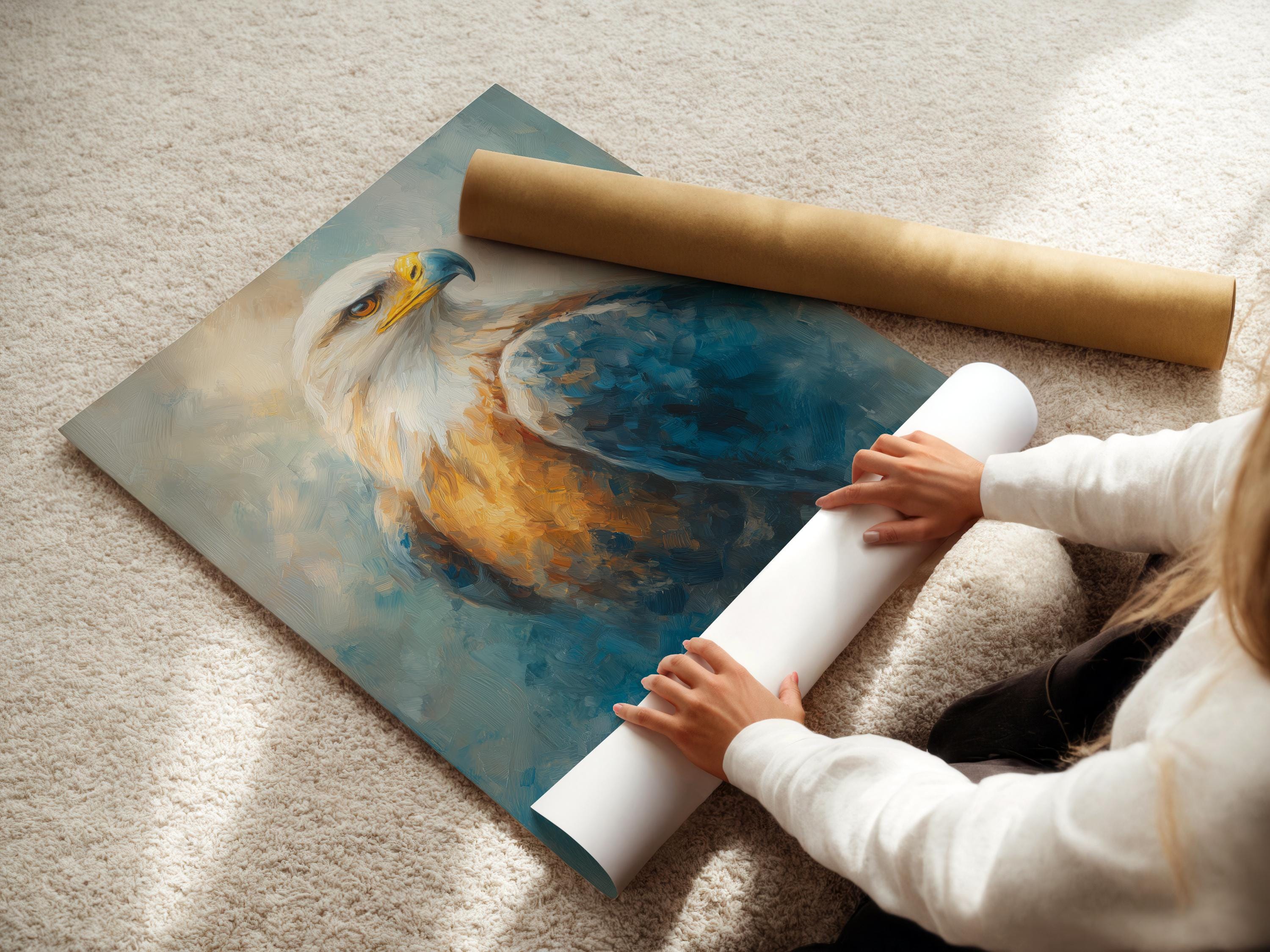 Room mockup showing framed eagle wall art with teal-blue and gold tones