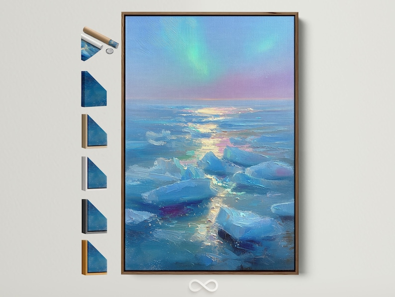 Textured blue ocean seascape with glowing horizon and soft purple-pink sky band