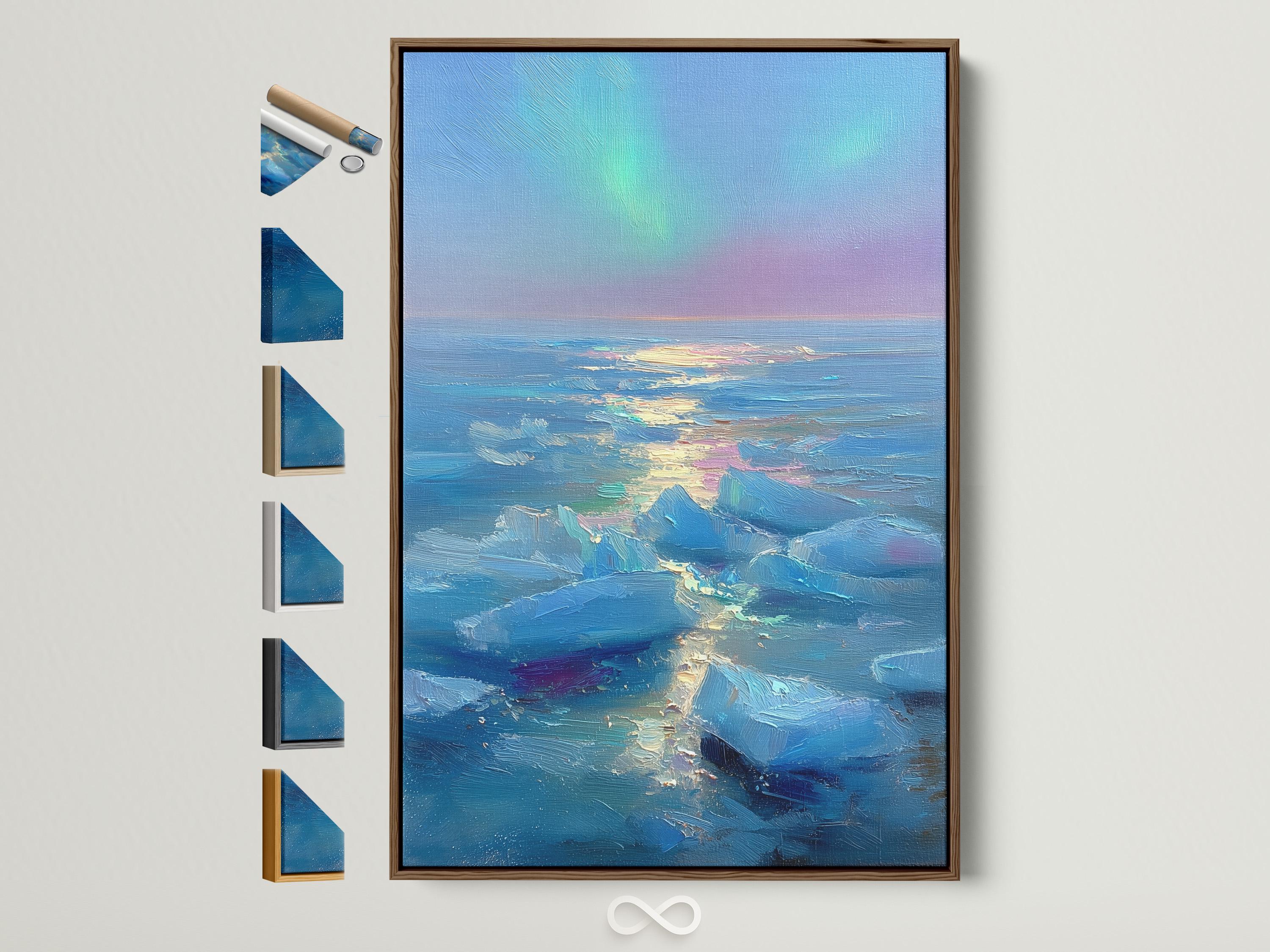 Textured blue ocean seascape with glowing horizon and soft purple-pink sky band