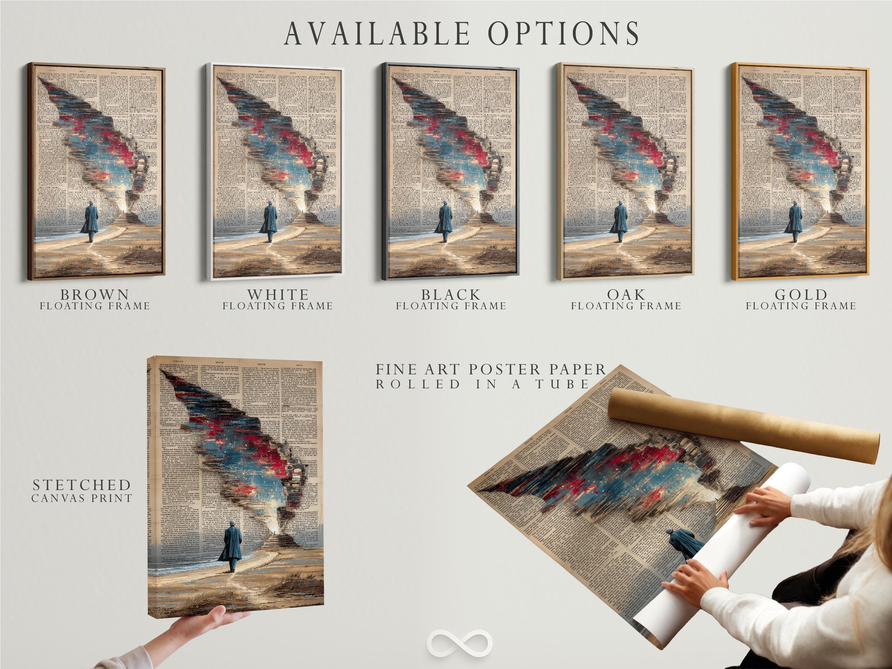 Dictionary-style beach wall art featuring a man walking toward light