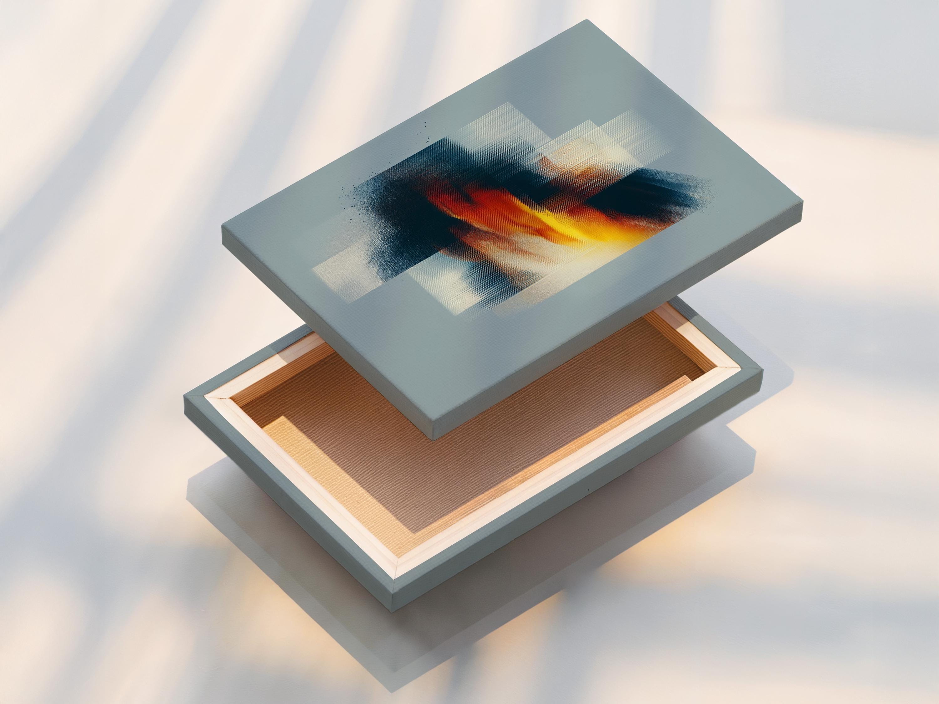 Abstract geometric wall art with layered blue rectangles and warm gold diagonal accents detail view