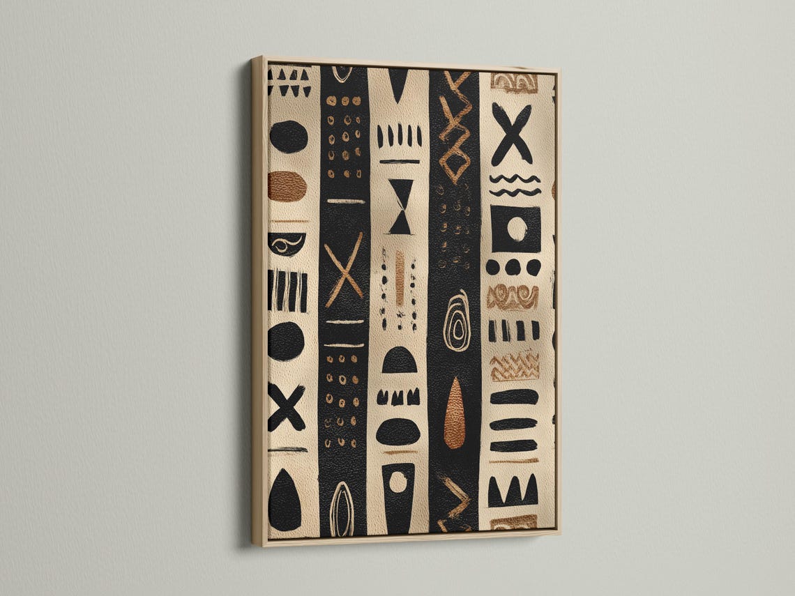Beige and black geometric tribal-style artwork with vertical panels and dotted symbols detail view