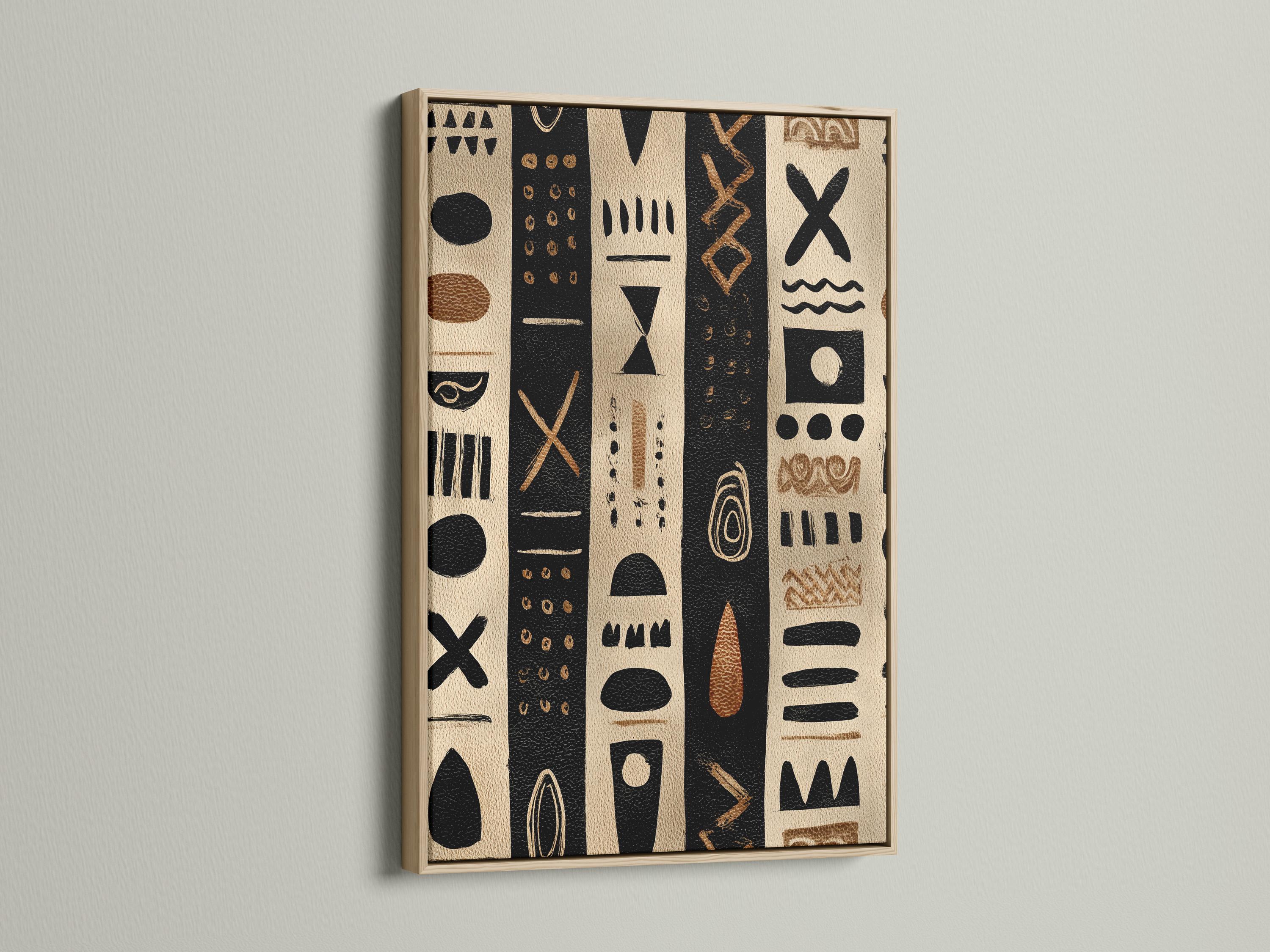 Beige and black geometric tribal-style artwork with vertical panels and dotted symbols detail view