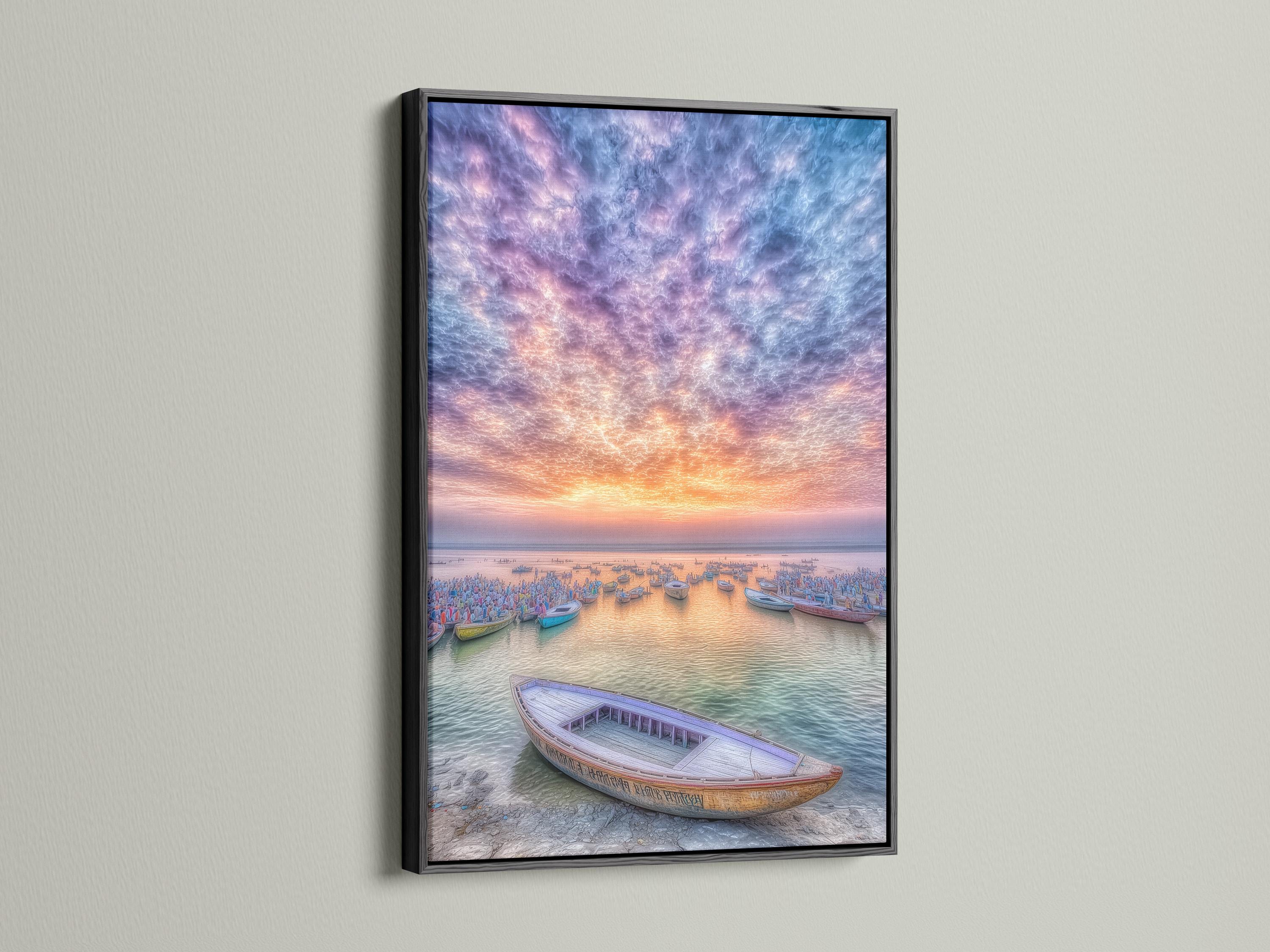 Harbour sunset scene with boats and swirling purple-blue clouds detail view