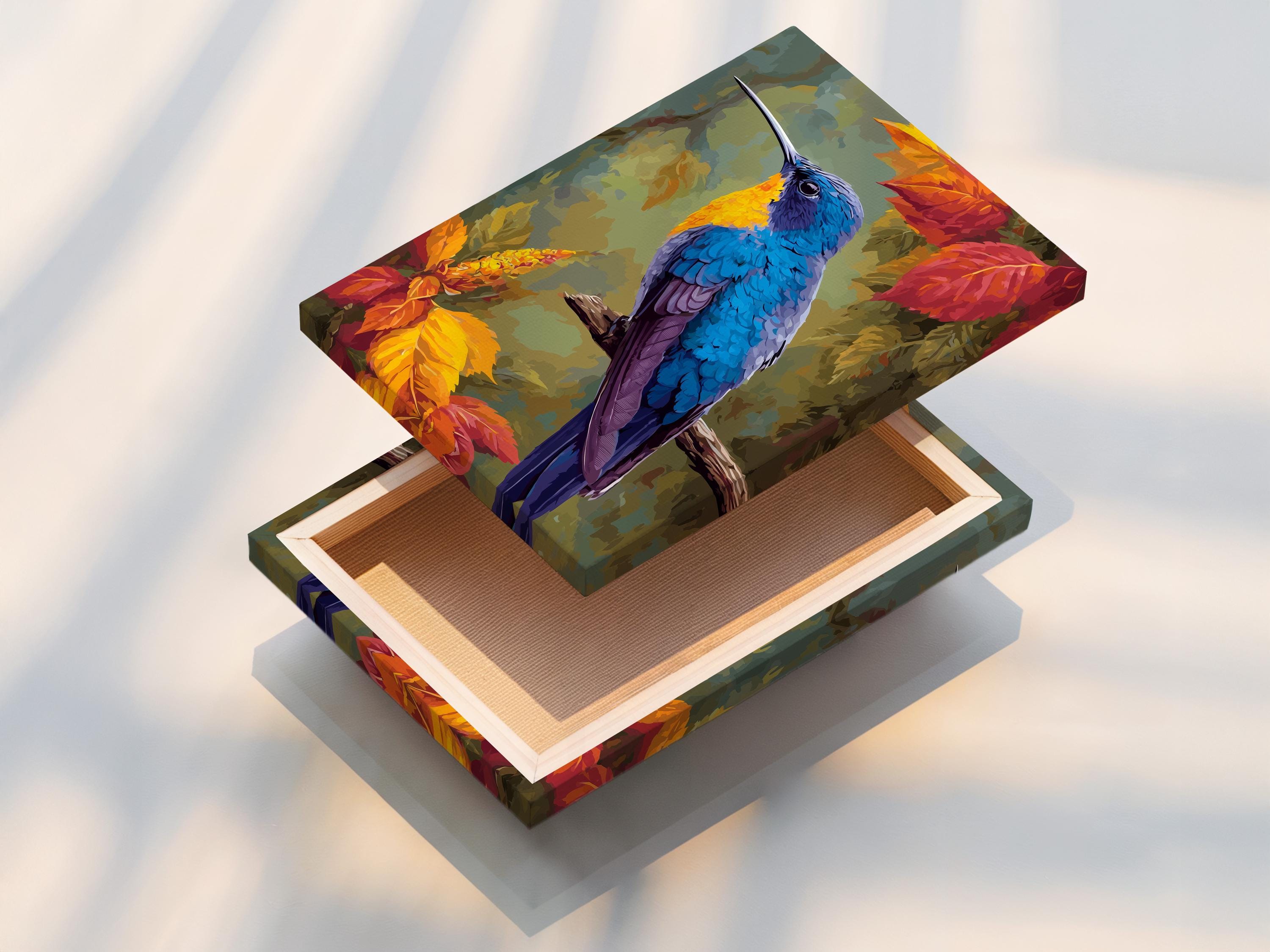 Illustrated hummingbird perched among autumn leaves in vivid blue, purple, gold and orange detail view